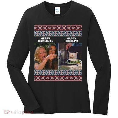 Yelling Cat Meme Christmas Sweater Funny Women's Long Sleeve Shirt