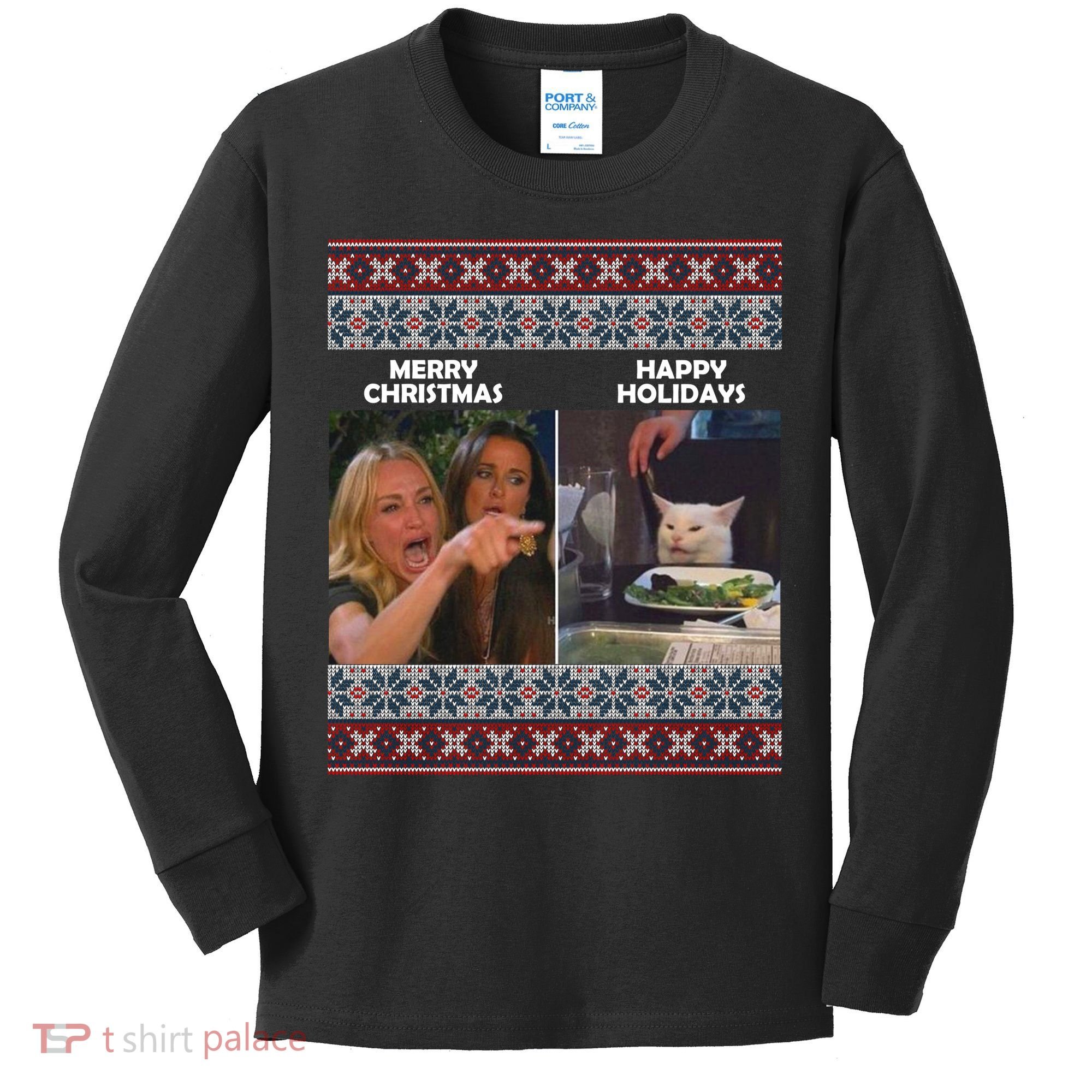 Yelling Cat Meme Christmas Sweater Funny Kids Long Sleeve Shirt