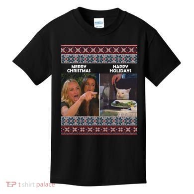 Yelling Cat Meme Christmas Sweater Funny Kids T-Shirt