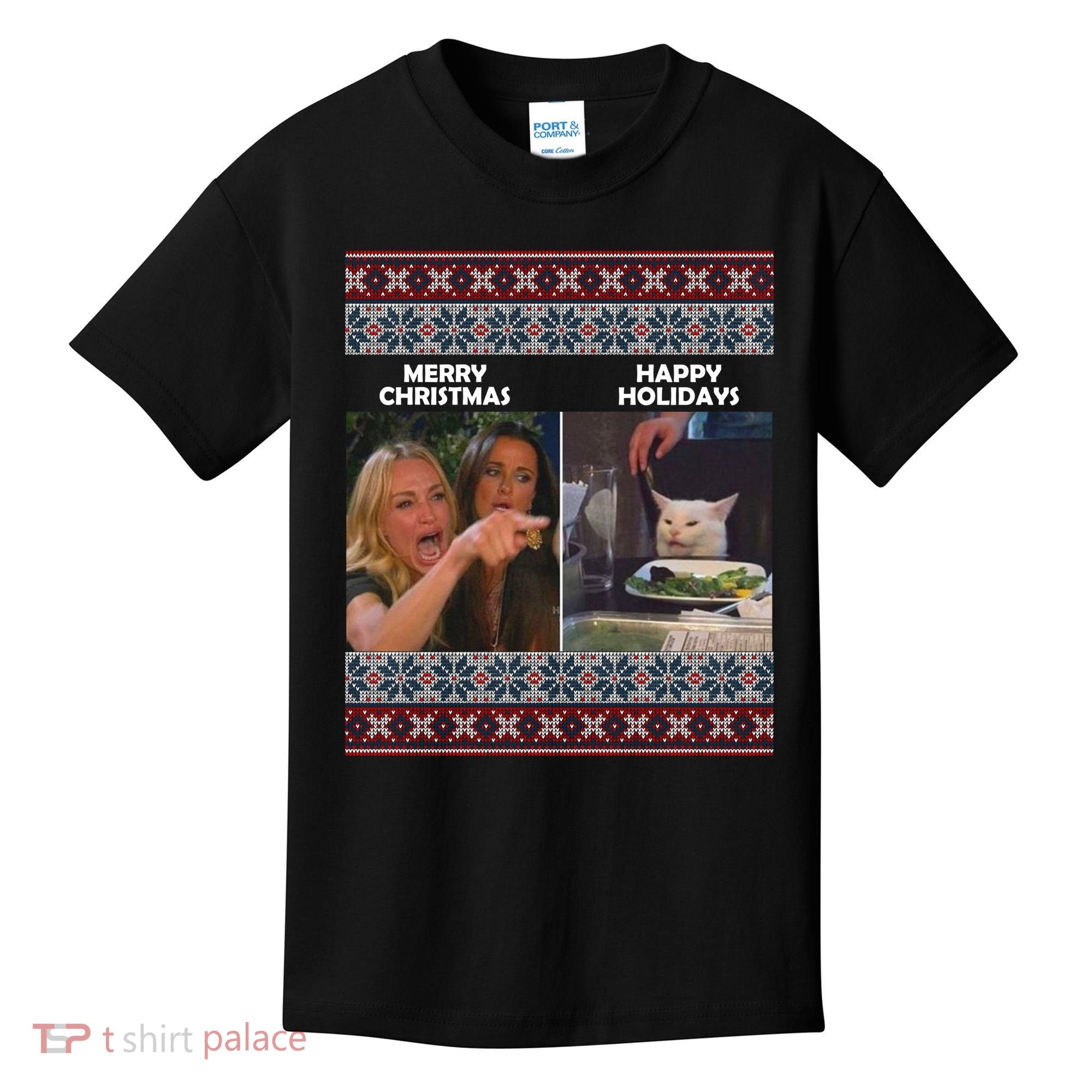 Yelling Cat Meme Christmas Sweater Funny Kids T-Shirt