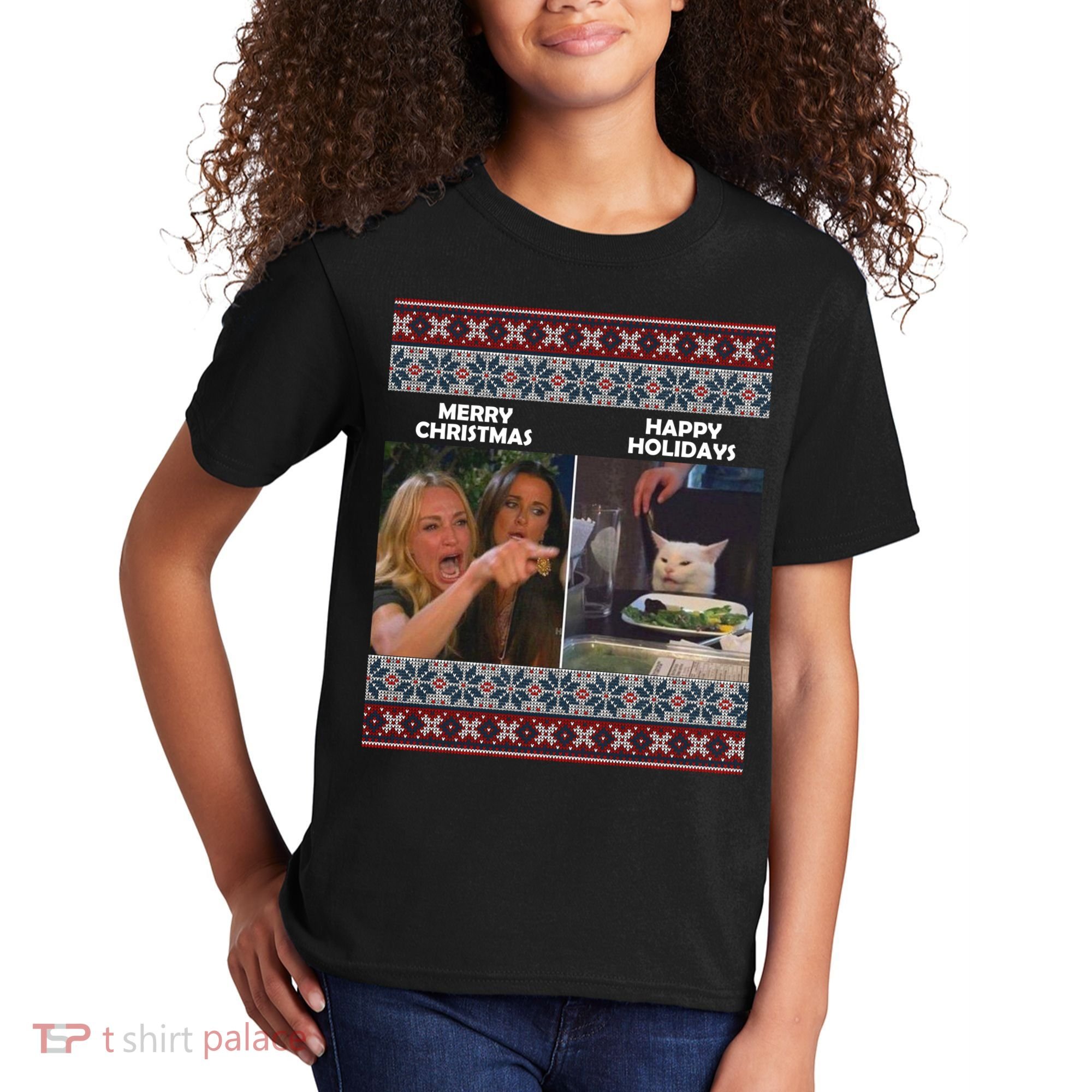 Yelling Cat Meme Christmas Sweater Funny Kids T-Shirt