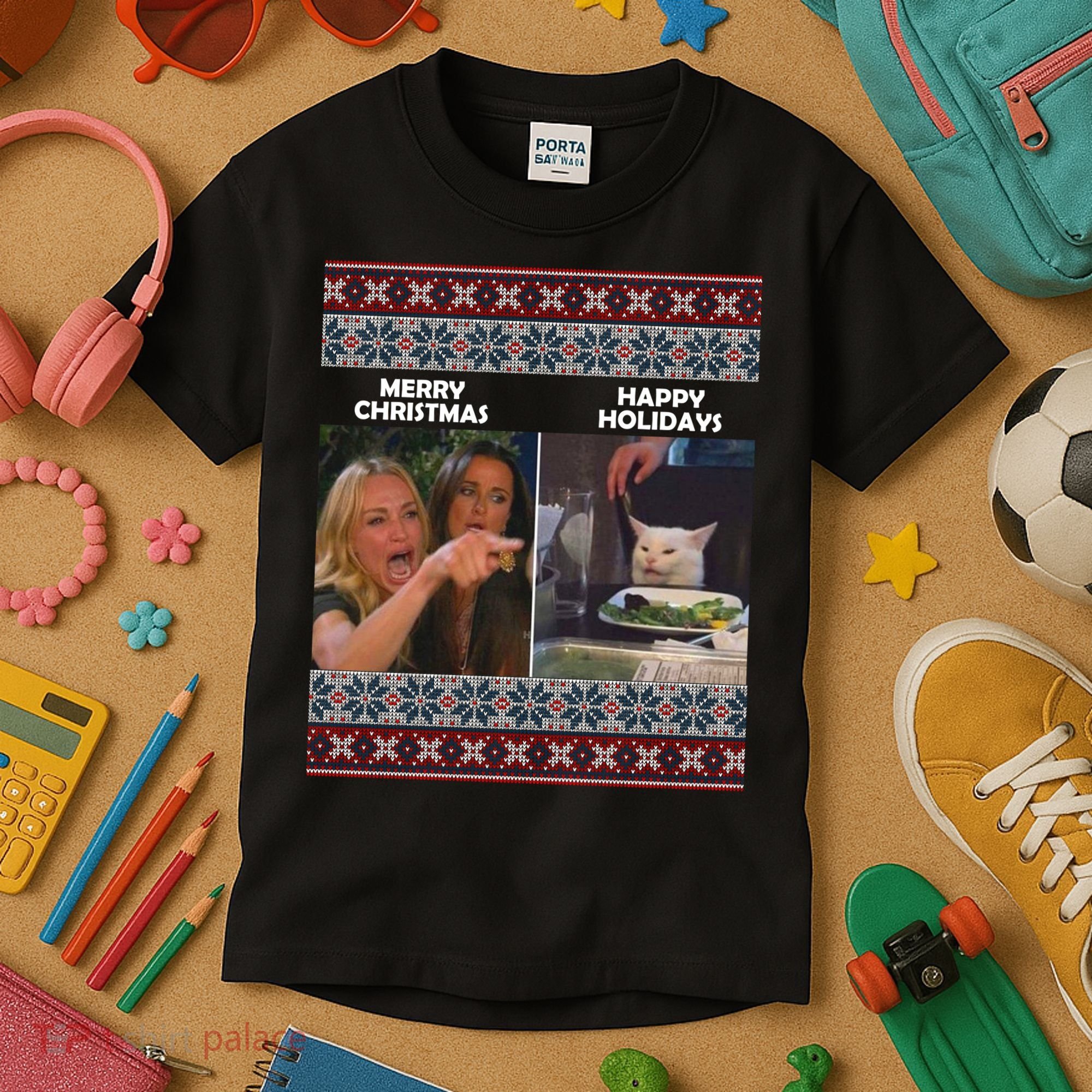 Yelling Cat Meme Christmas Sweater Funny Kids T-Shirt