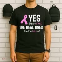 Yes They're Fake Funny Breast Cancer T-Shirt thumb 6