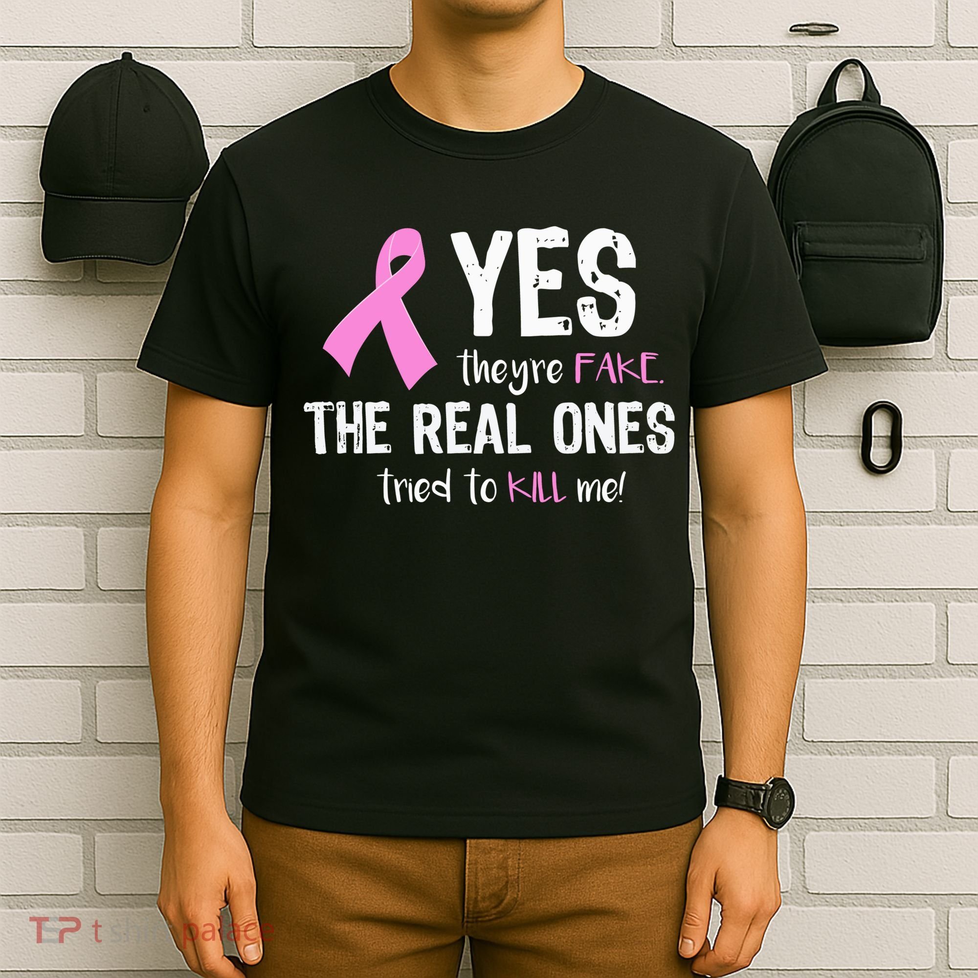 Yes They're Fake Funny Breast Cancer T-Shirt