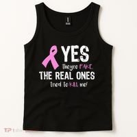 Yes They're Fake Funny Breast Cancer Tank Top thumb 2