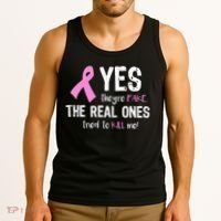 Yes They're Fake Funny Breast Cancer Tank Top thumb 3