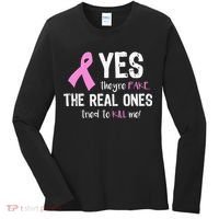 Yes They're Fake Funny Breast Cancer Women's Long Sleeve Shirt thumb 0