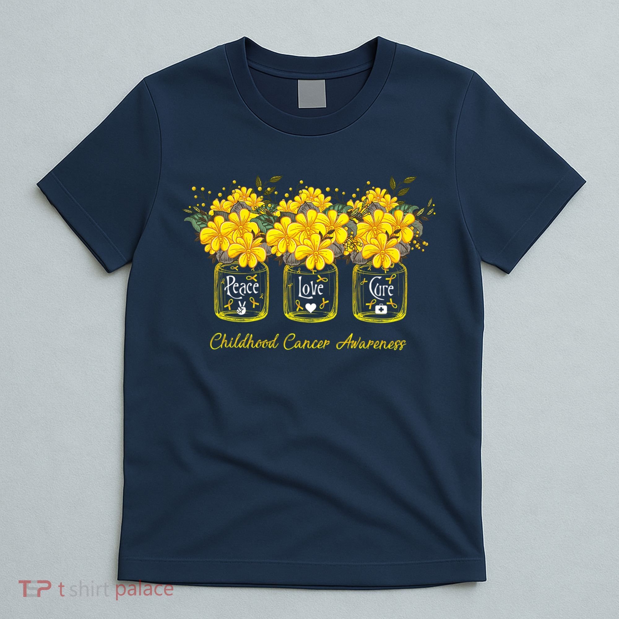 Yellow Flower Jar Peace Love Cure Childhood Cancer T-Shirt