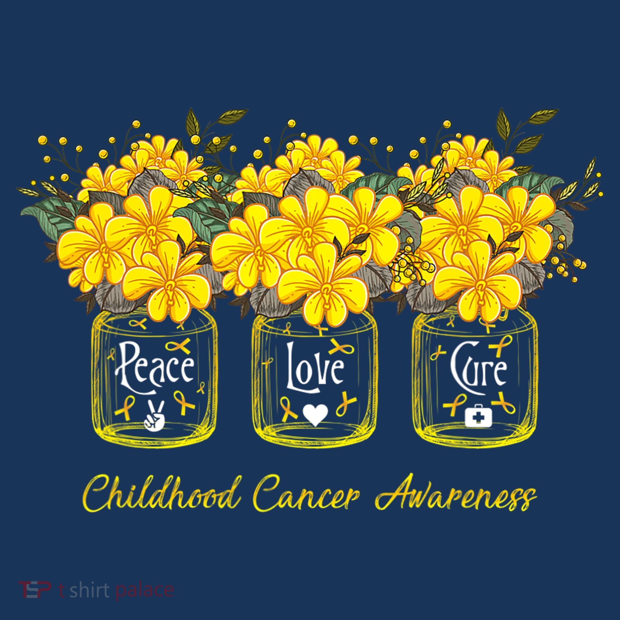 Yellow Flower Jar Peace Love Cure Childhood Cancer T-Shirt
