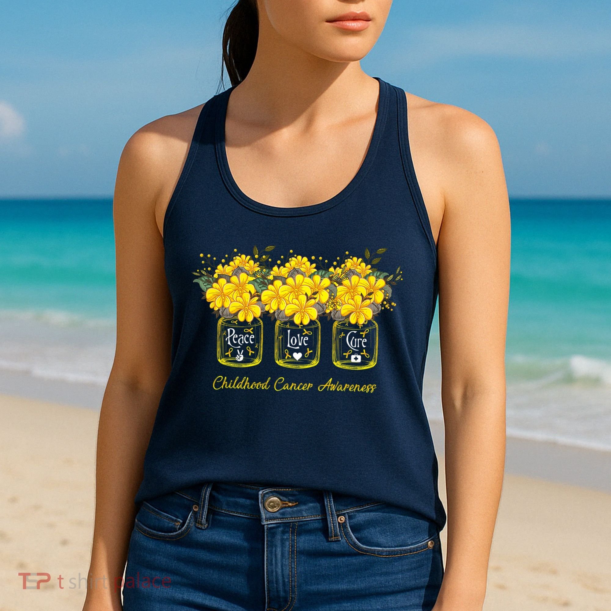 Yellow Flower Jar Peace Love Cure Childhood Cancer Women's Tank Top