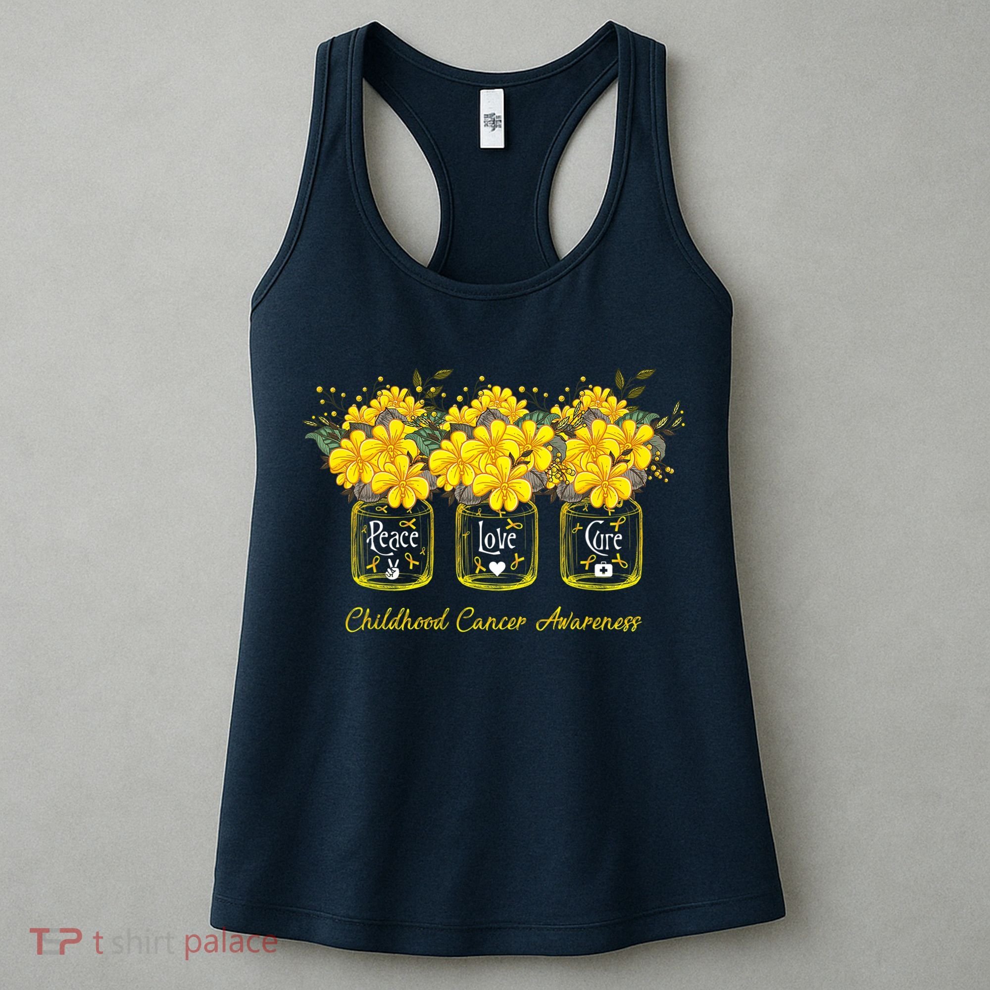 Yellow Flower Jar Peace Love Cure Childhood Cancer Women's Tank Top