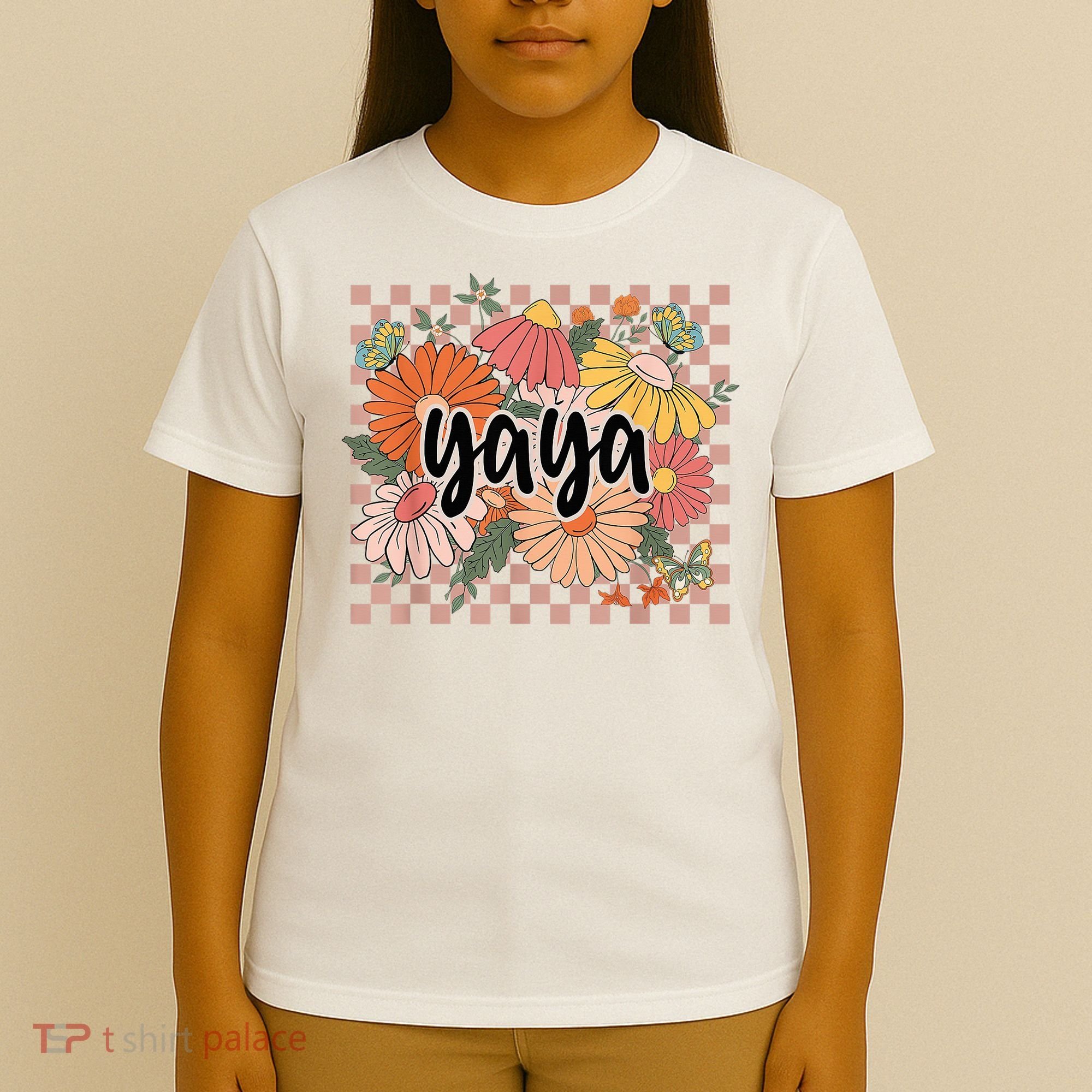 Yaya Floral Mother's Day Wildflower Girl Checkered T-Shirt