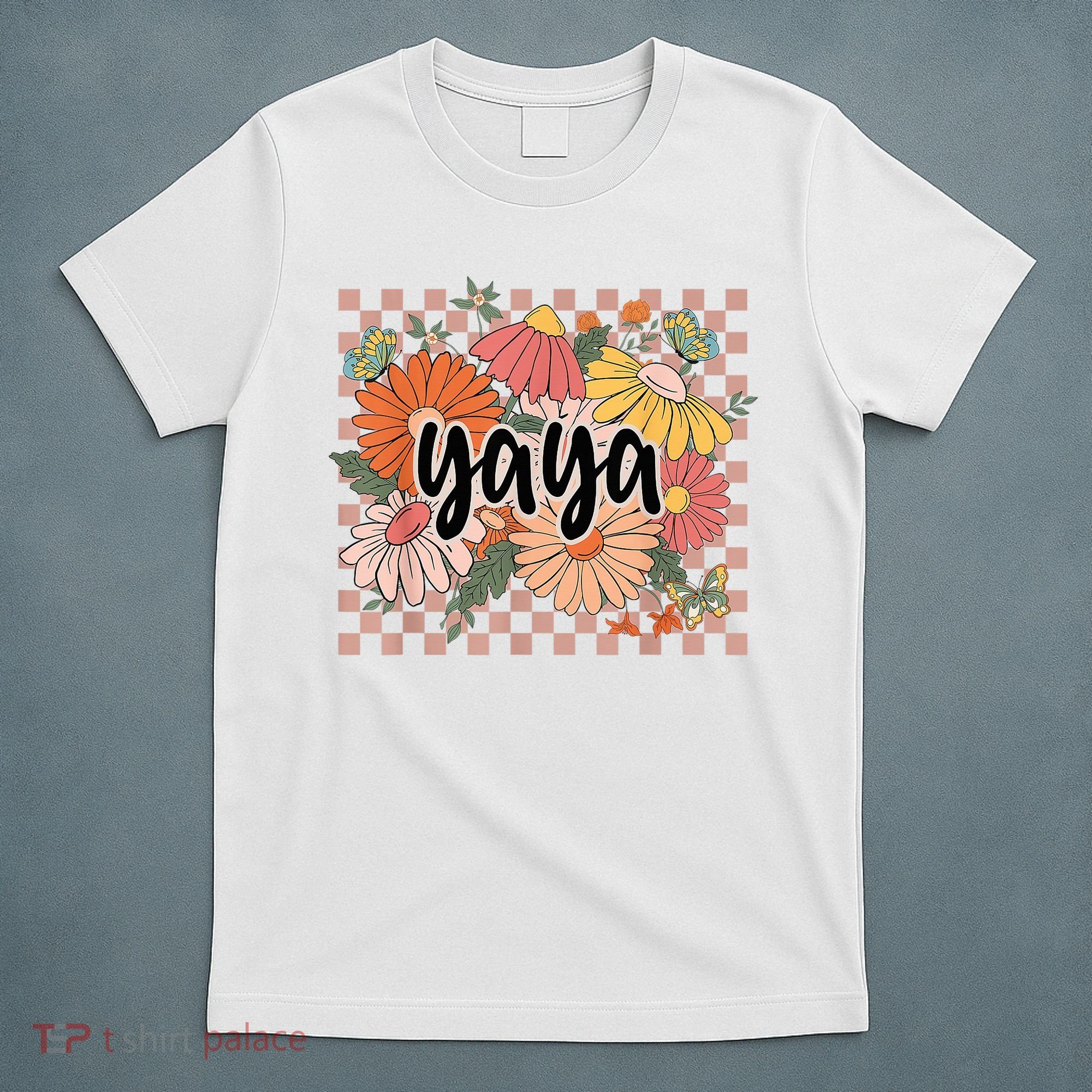 Yaya Floral Mother's Day Wildflower Girl Checkered T-Shirt