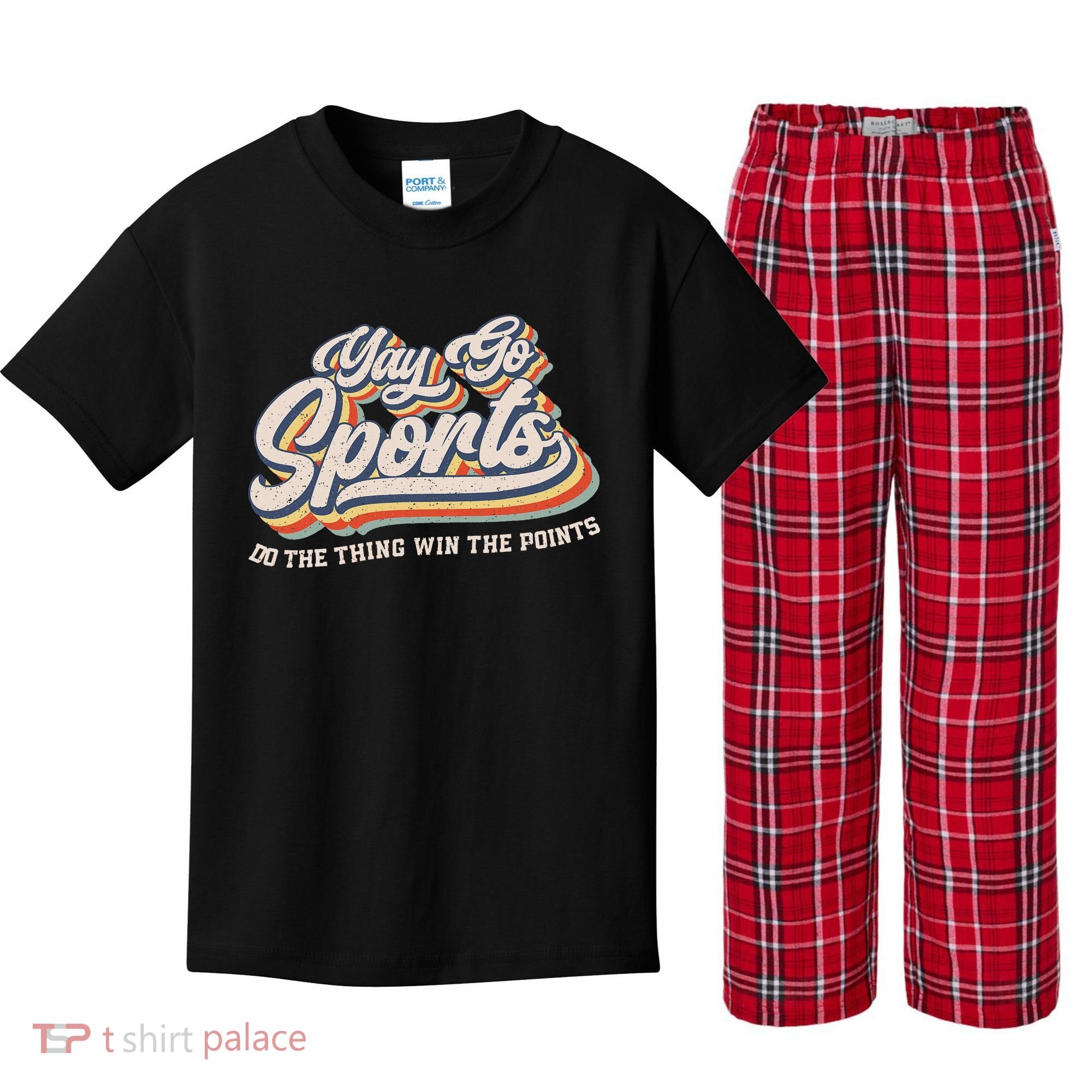Yay Go Sports Do The Thing Win The Points Funny Sport Team Kids Plaid Pajama Set