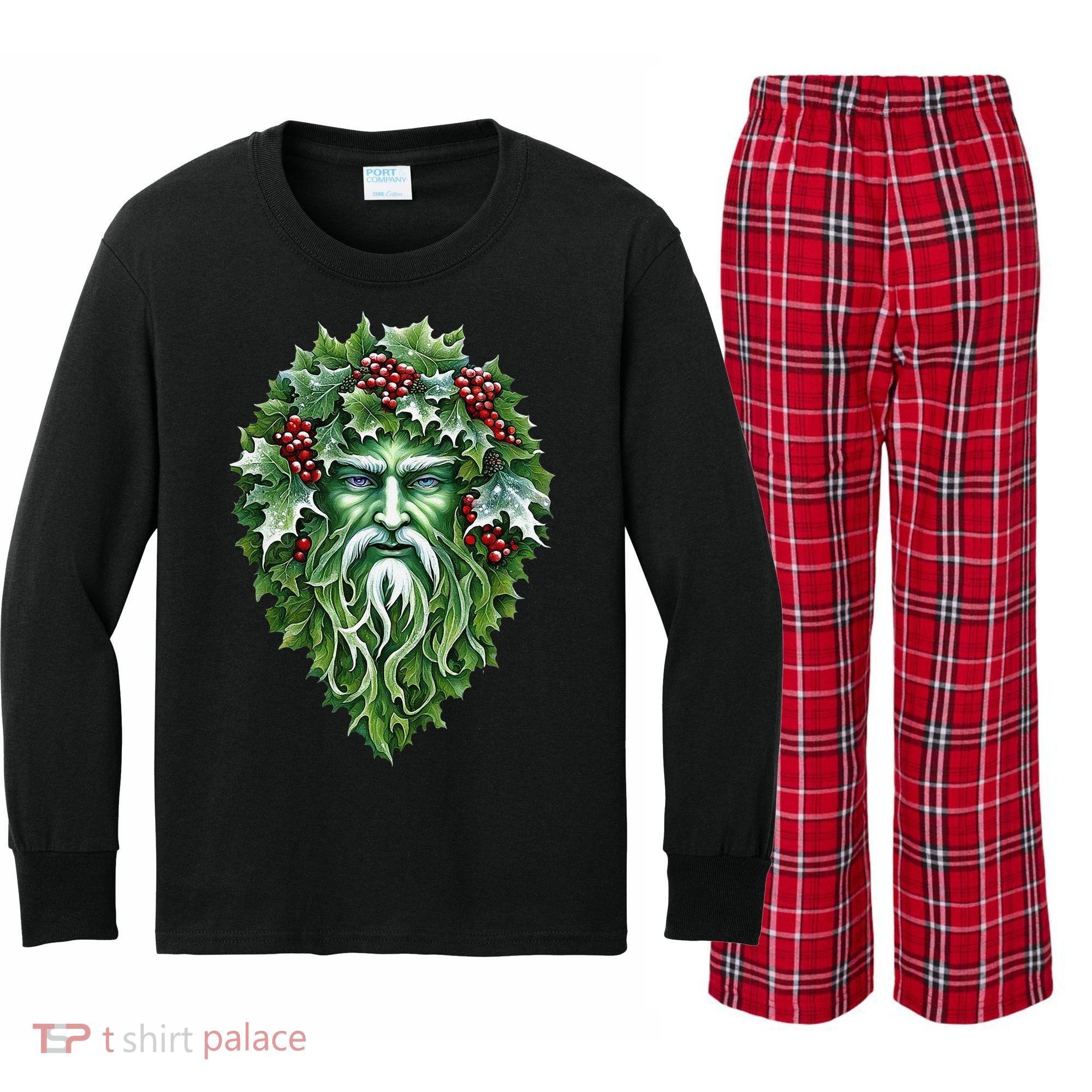 Yule Holly King Green Kids Long Sleeve Plaid Pajama Set