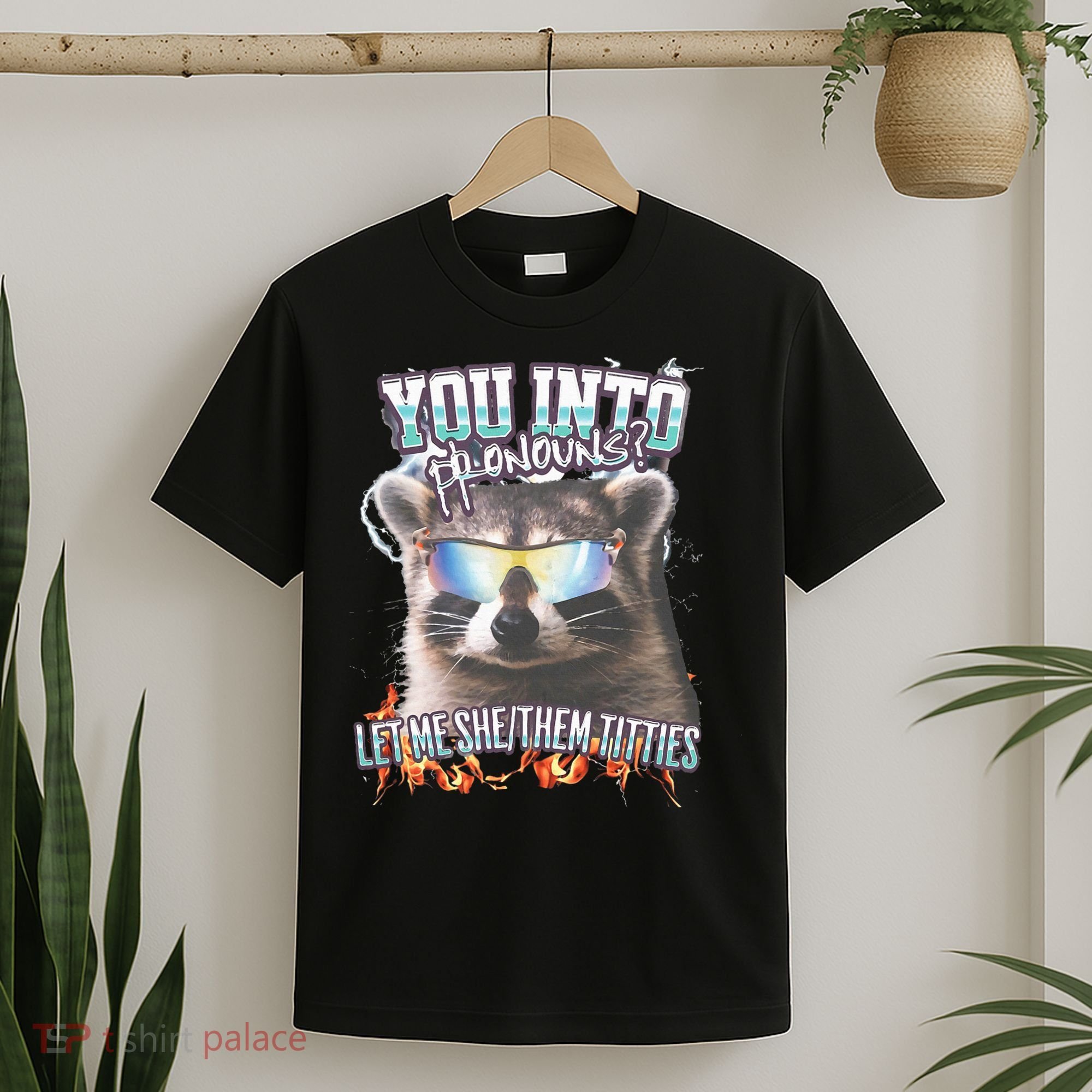 YouRe Into Pronouns Let Me Shethem Tiddies Funny Raccoon T-Shirt
