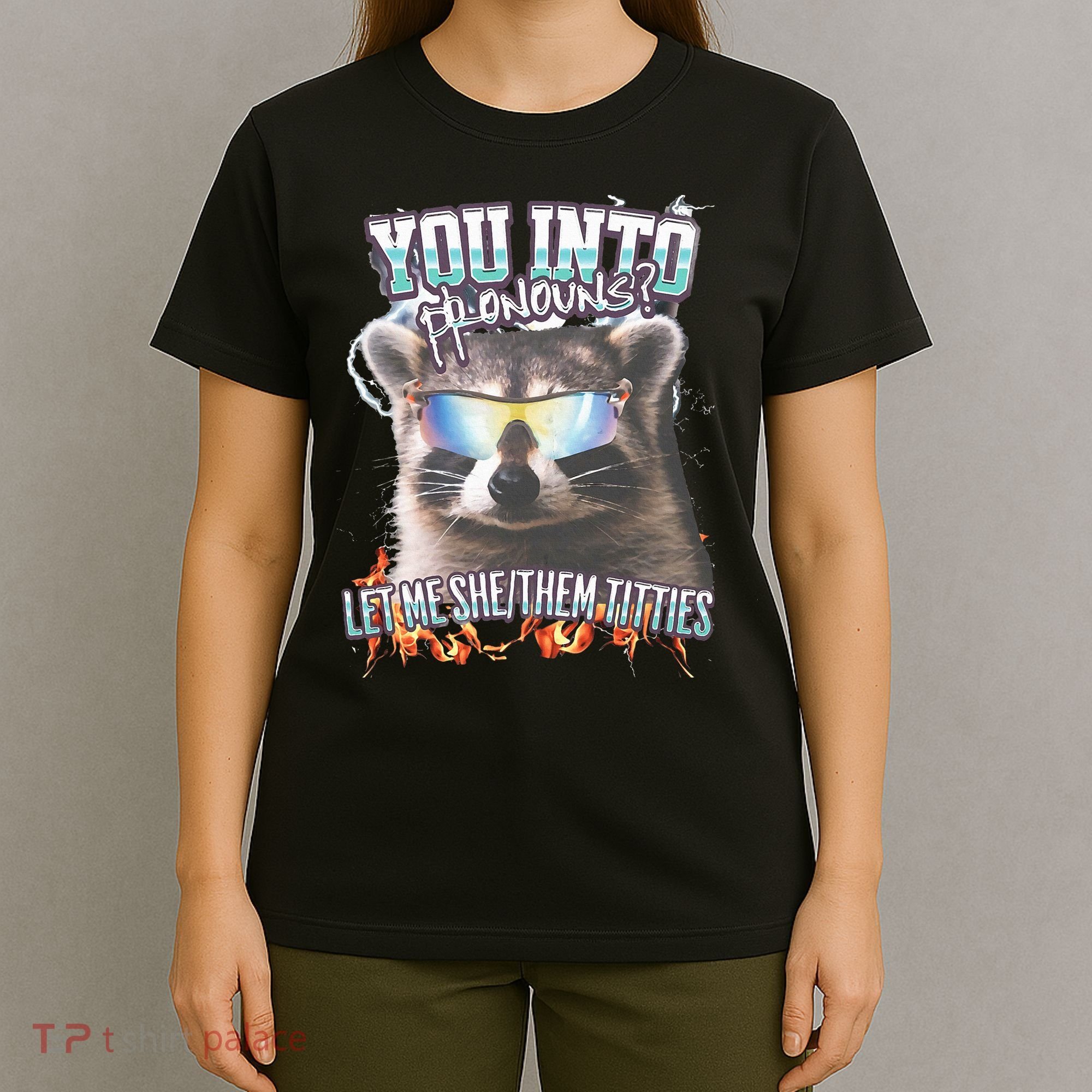 YouRe Into Pronouns Let Me Shethem Tiddies Funny Raccoon T-Shirt