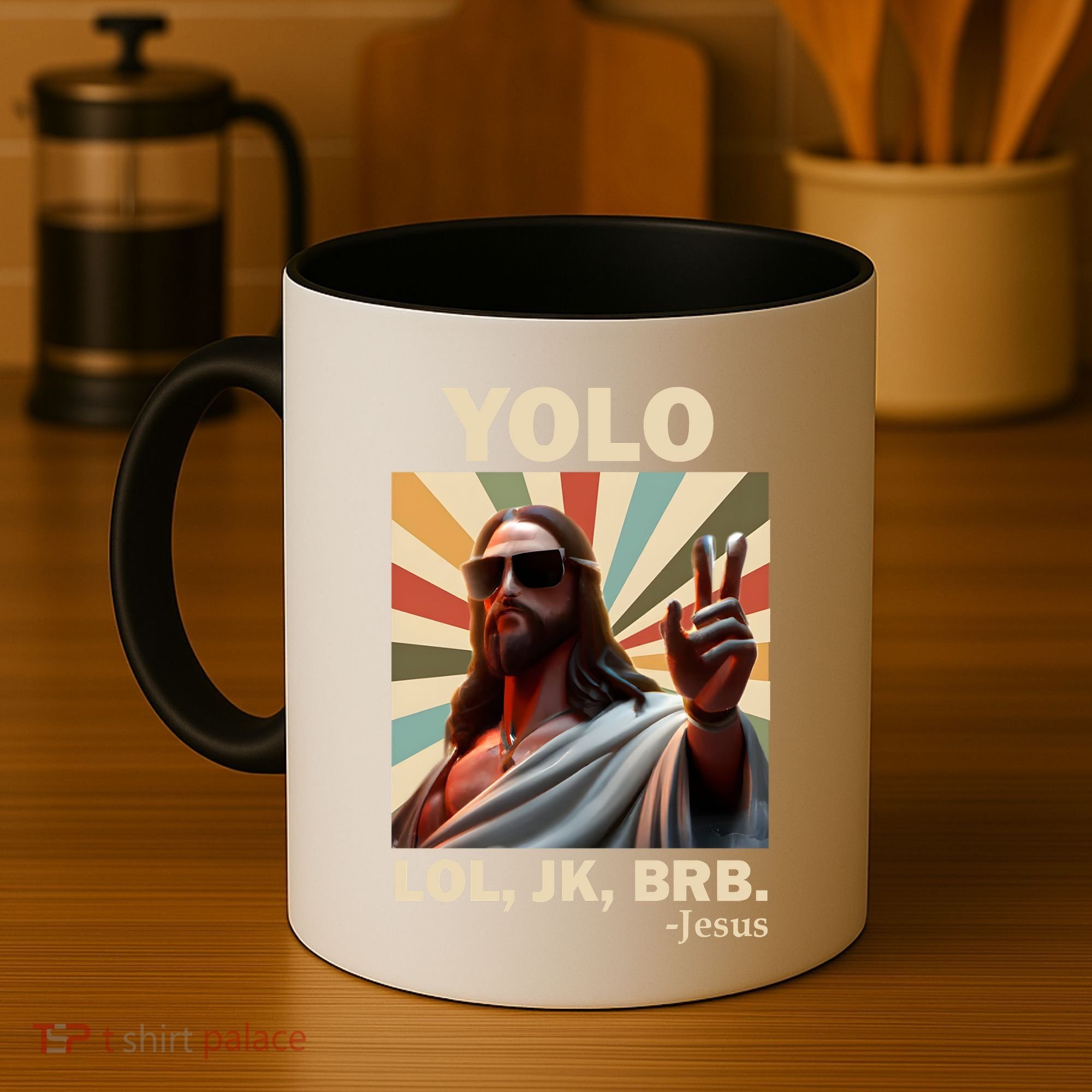 Yolo Jk Brb Jesus Christian Guess Whos Back Coffee Mug