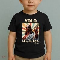Yolo Jk Brb Jesus Christian Guess Whos Back Toddler T-Shirt thumb 2