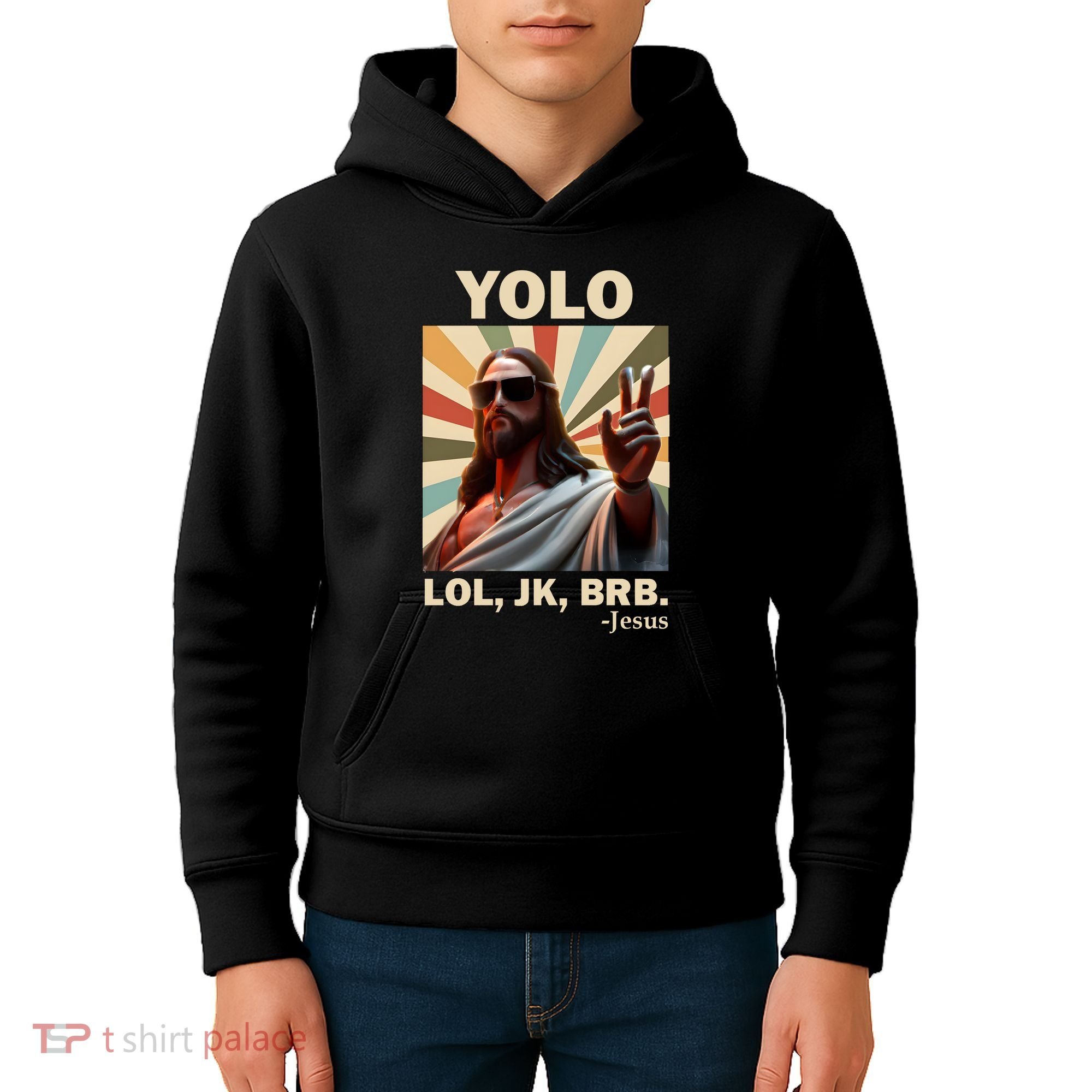 Yolo Jk Brb Jesus Christian Guess Whos Back Kids Hoodie