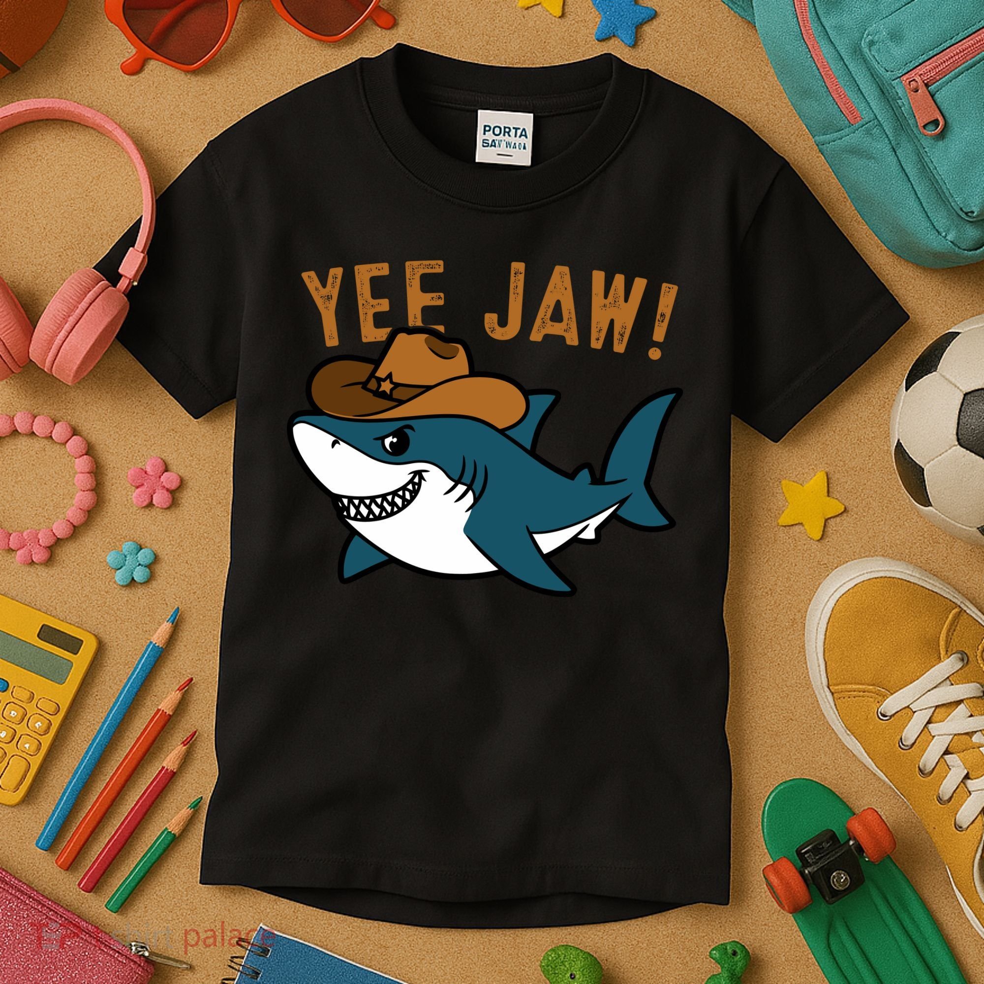 Yee Jaw Cowboy Old Western Shark Kids T-Shirt