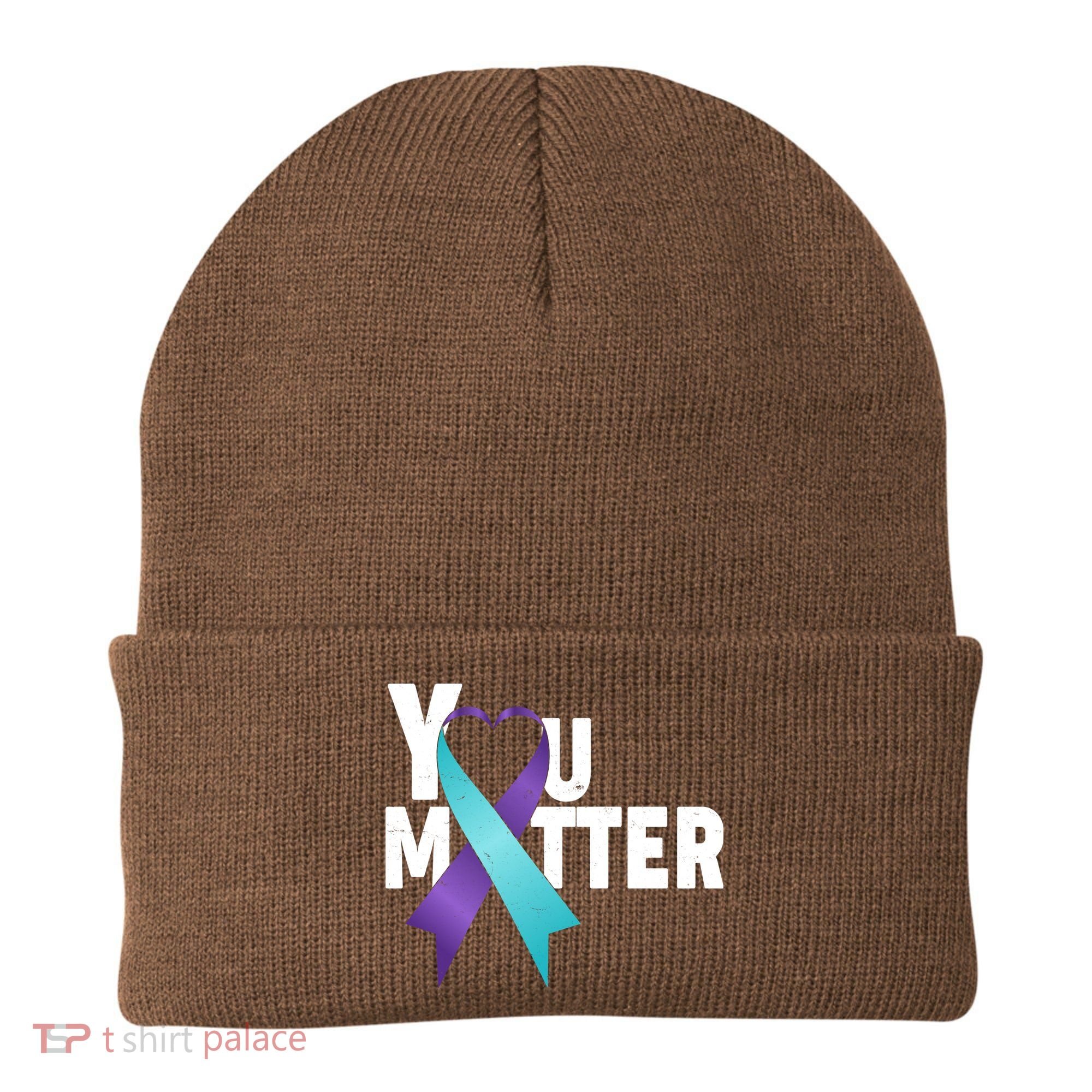 You Matter Suicide Prevention Awareness Teal Purple Heart Ribbon Beanie