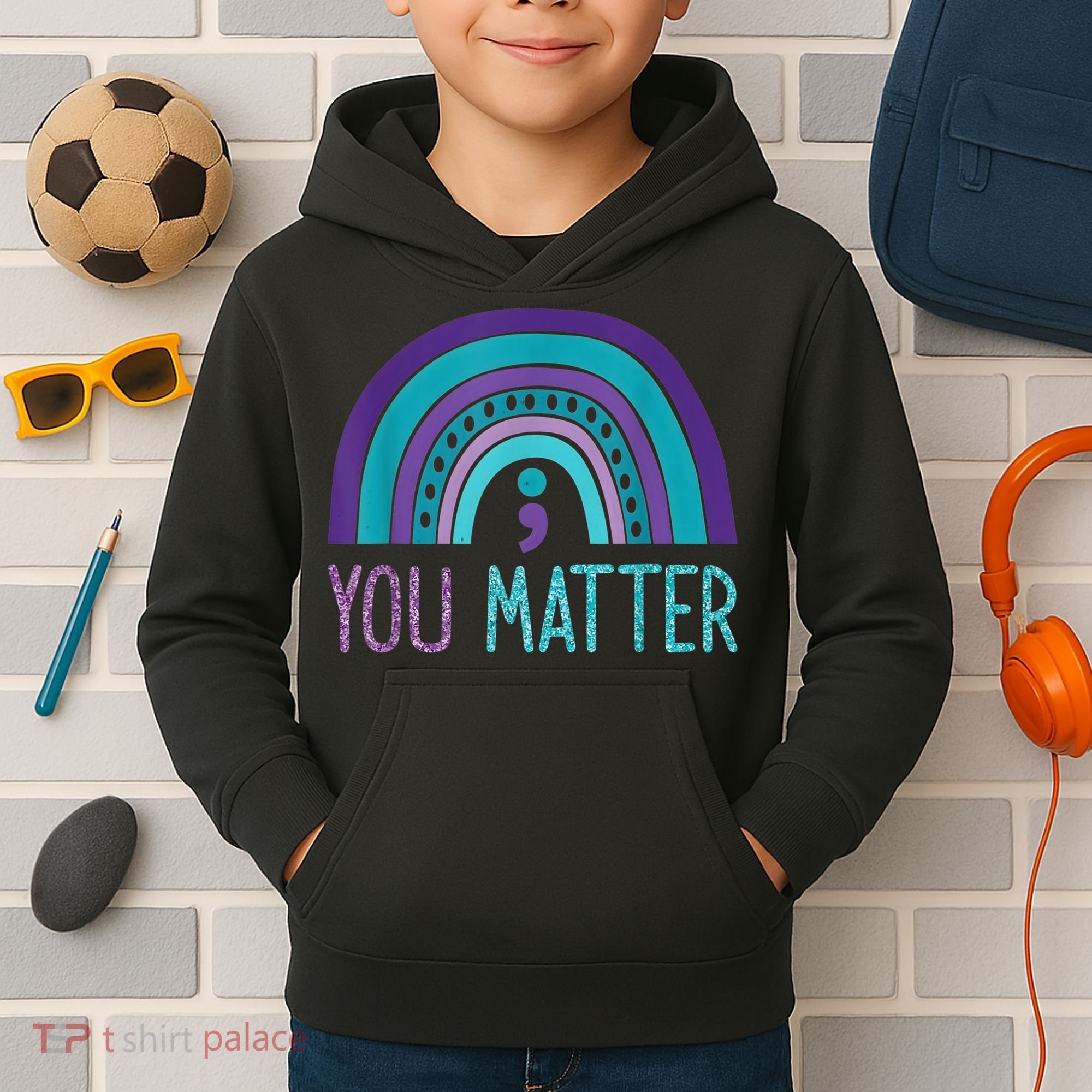 You Matter Semicolon Suicide Prevention Purple Teal Rainbow Kids Hoodie