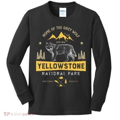 Yellowstone National Park Us Wolf Vintage Kids Long Sleeve Shirt
