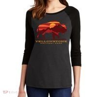 Yellowstone National Park Wyoming Buffalo Bison Sunset Women's Tri-Blend 3/4-Sleeve Raglan Shirt thumb 2