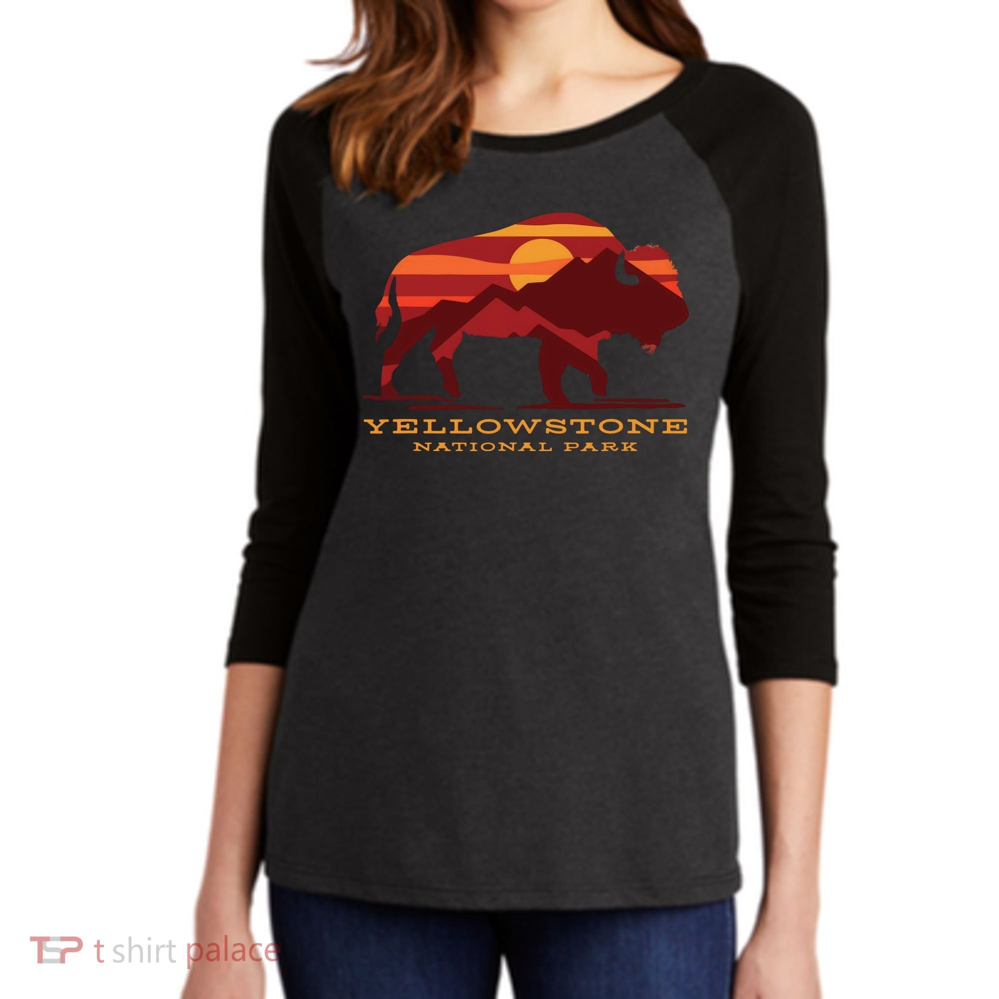 Yellowstone National Park Wyoming Buffalo Bison Sunset Women's Tri-Blend 3/4-Sleeve Raglan Shirt