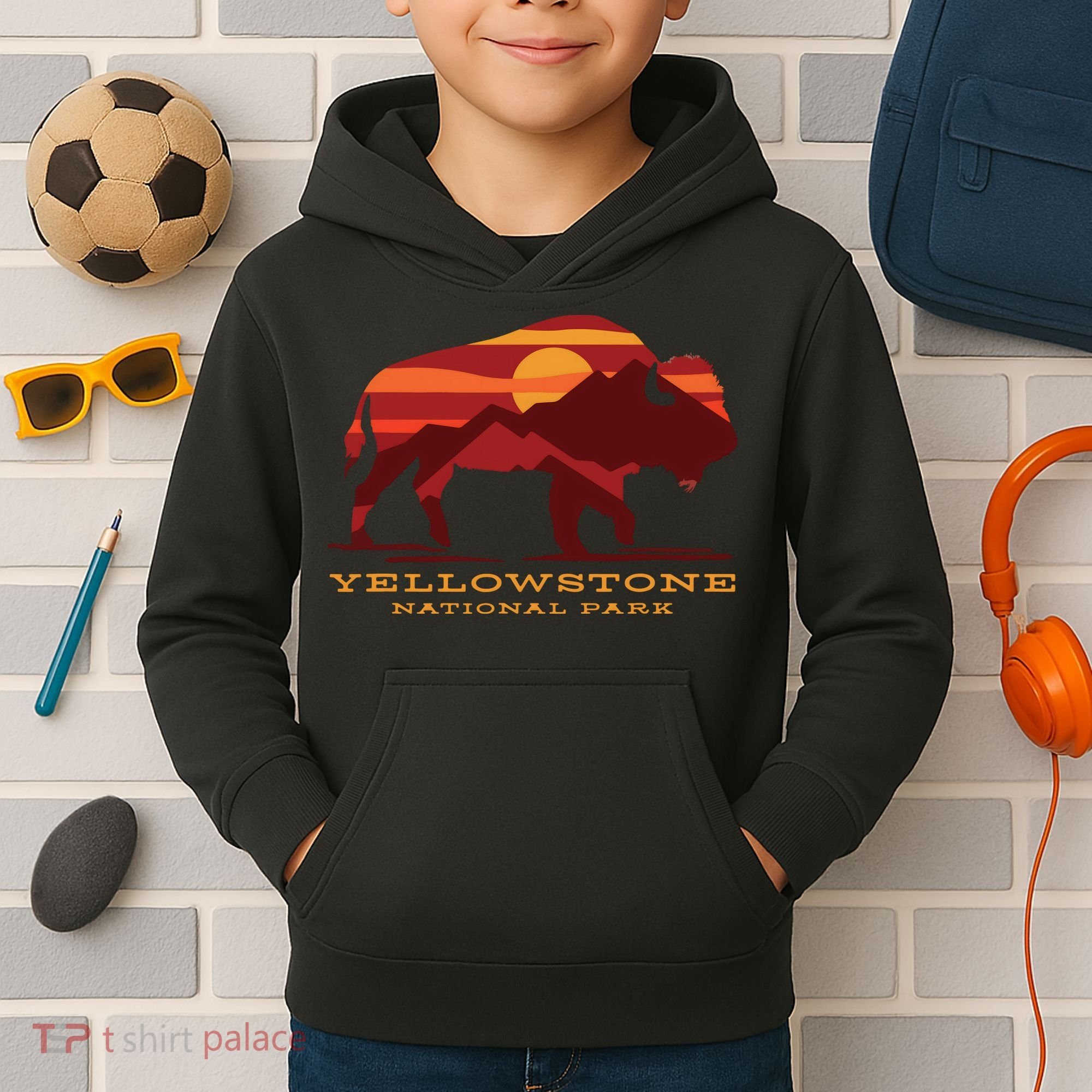 Yellowstone National Park Wyoming Buffalo Bison Sunset Kids Hoodie