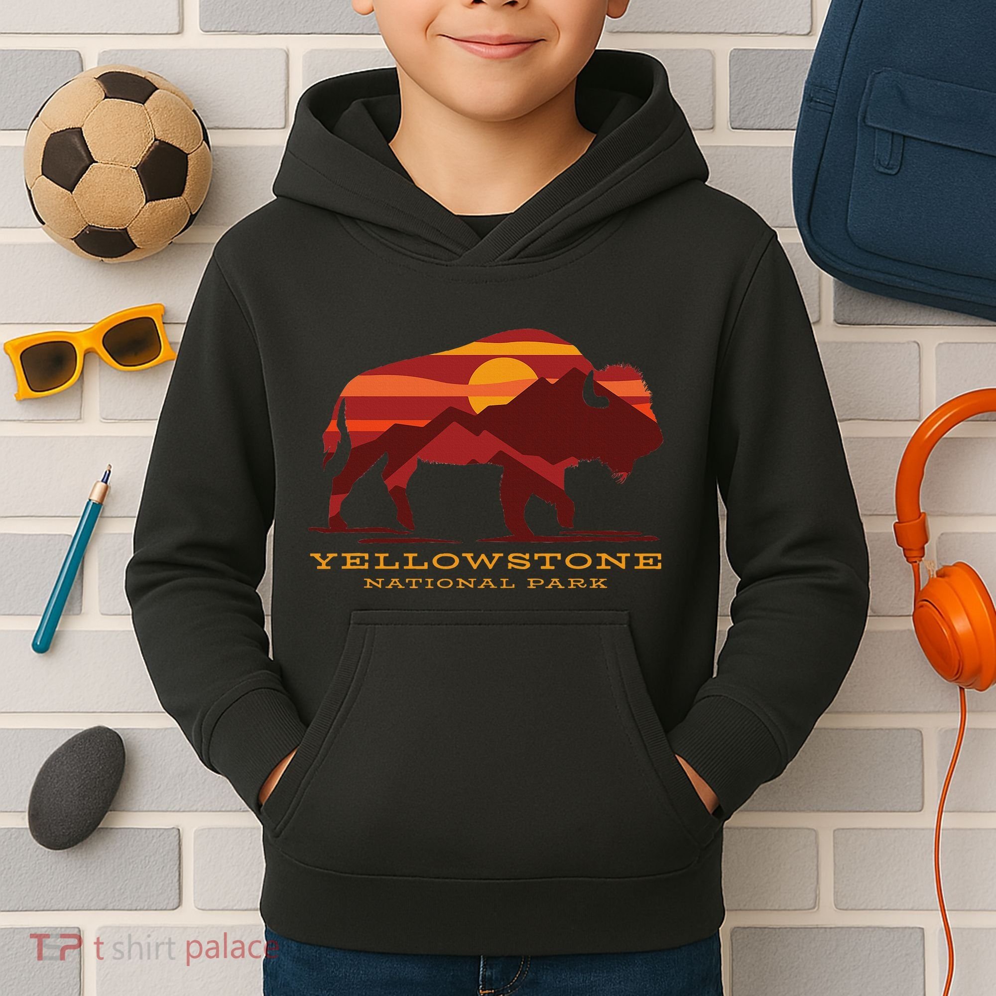 Yellowstone National Park Wyoming Buffalo Bison Sunset Kids Hoodie