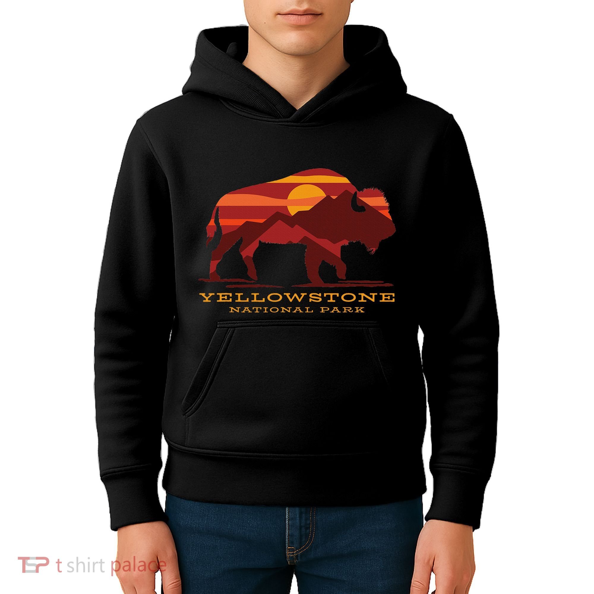 Yellowstone National Park Wyoming Buffalo Bison Sunset Kids Hoodie