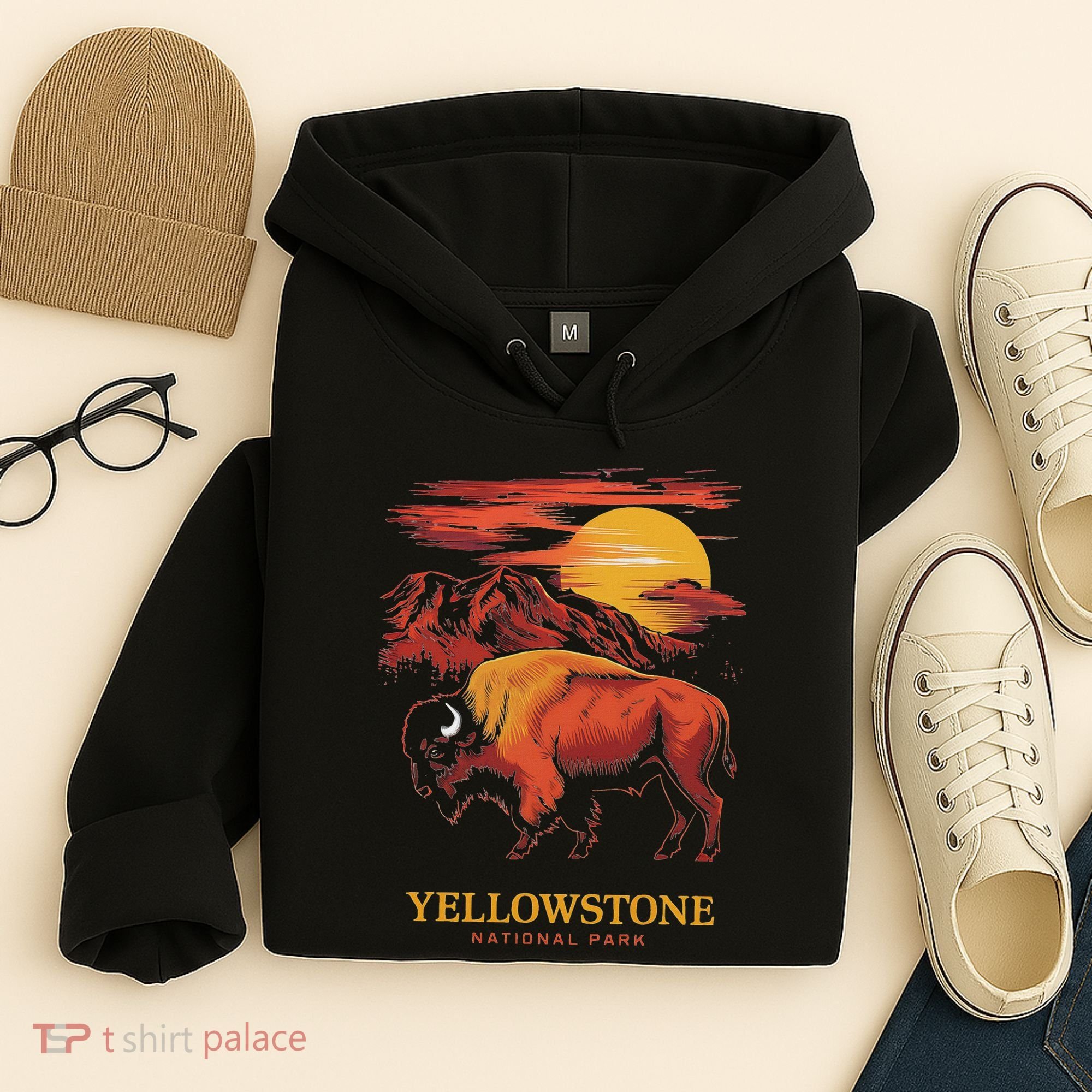 Yellowstone National Park Sun Bison Graphic Hoodie