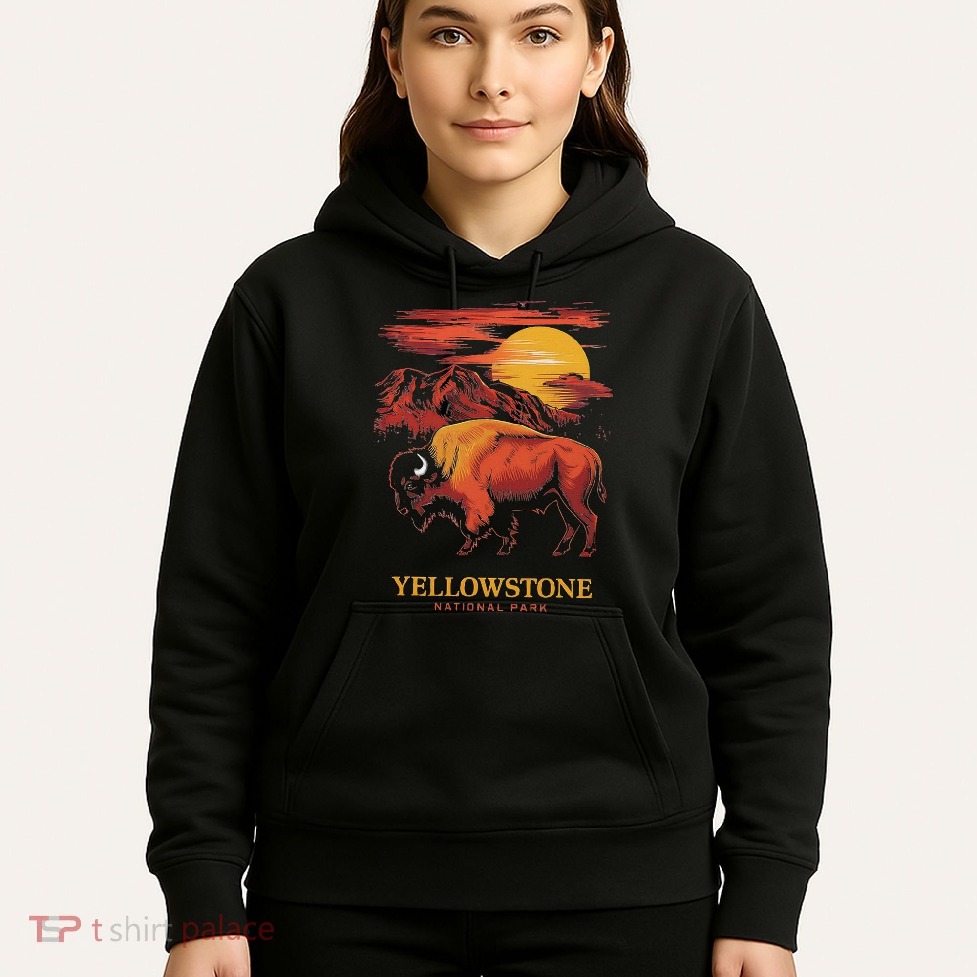 Yellowstone National Park Sun Bison Graphic Hoodie