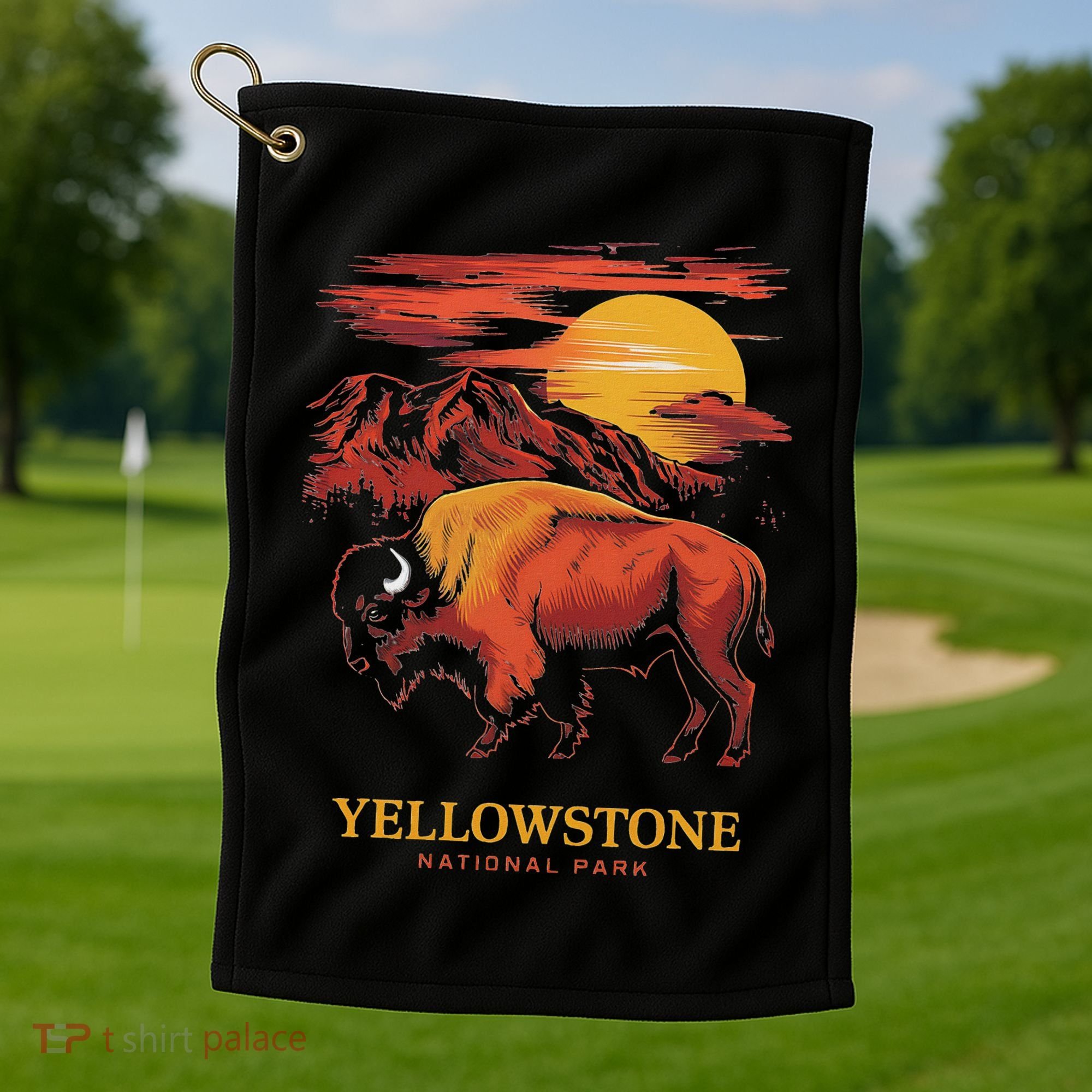 Yellowstone National Park Sun Bison Graphic Golf Towel