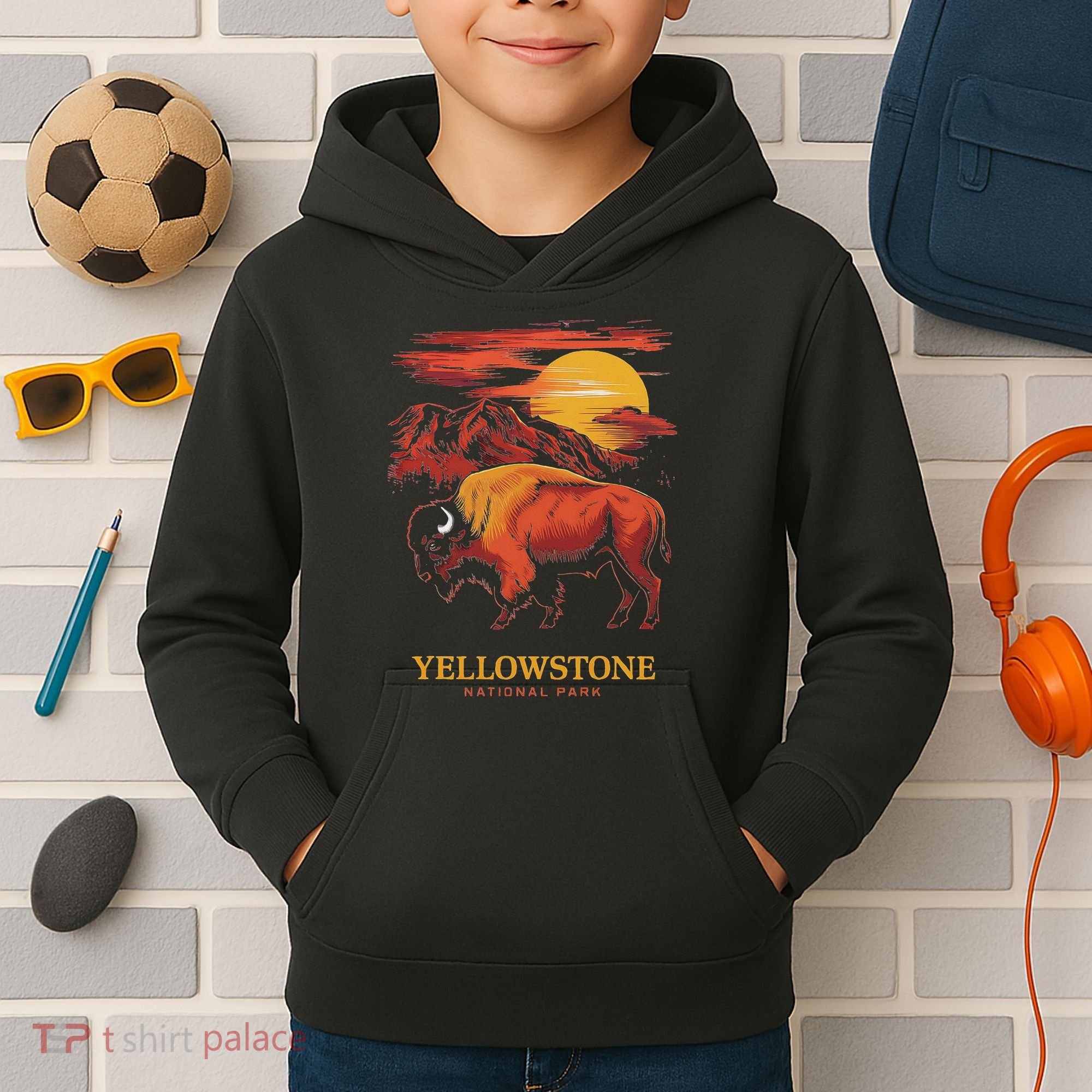 Yellowstone National Park Sun Bison Graphic Kids Hoodie