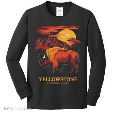 Yellowstone National Park Sun Bison Graphic Kids Long Sleeve Shirt