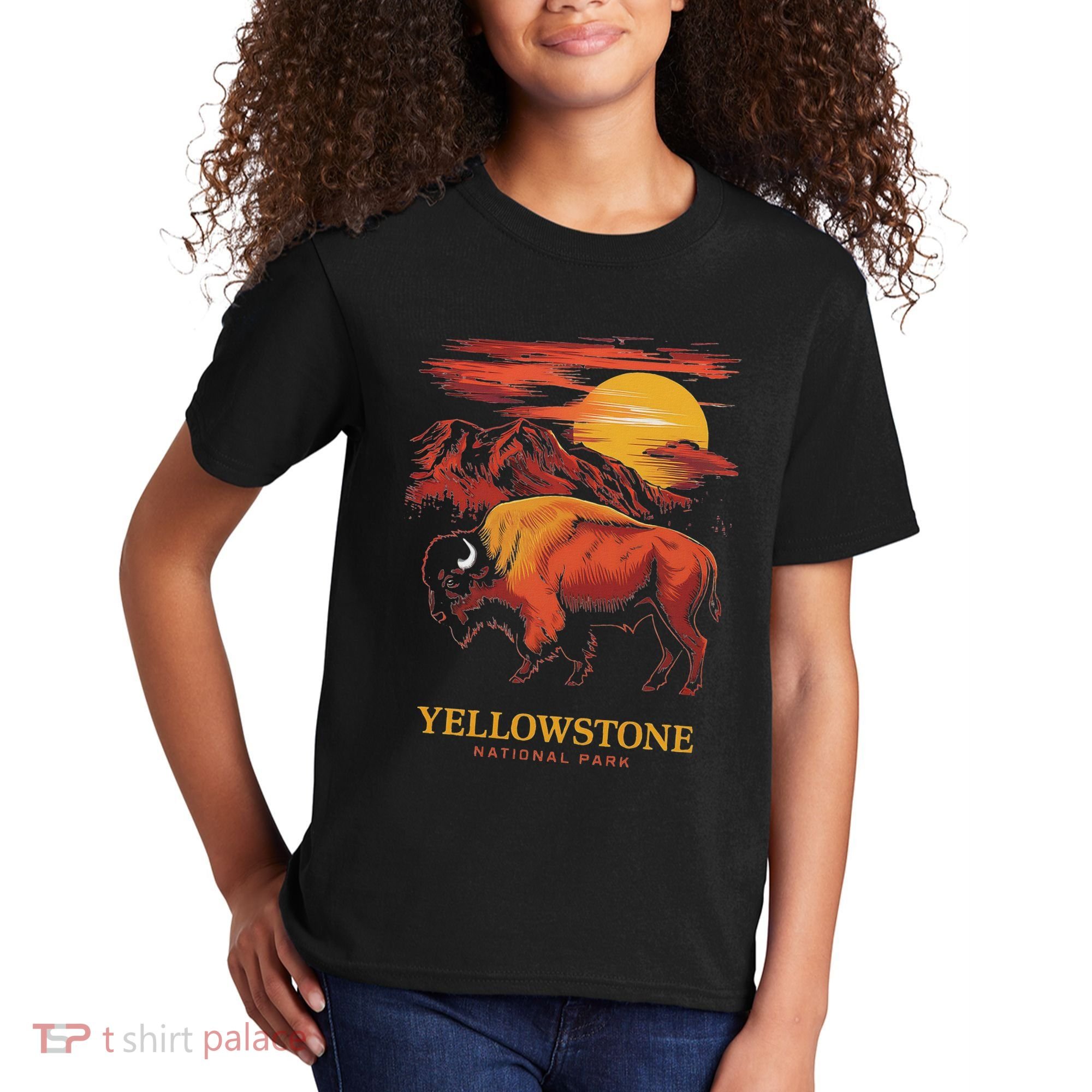 Yellowstone National Park Sun Bison Graphic Kids T-Shirt
