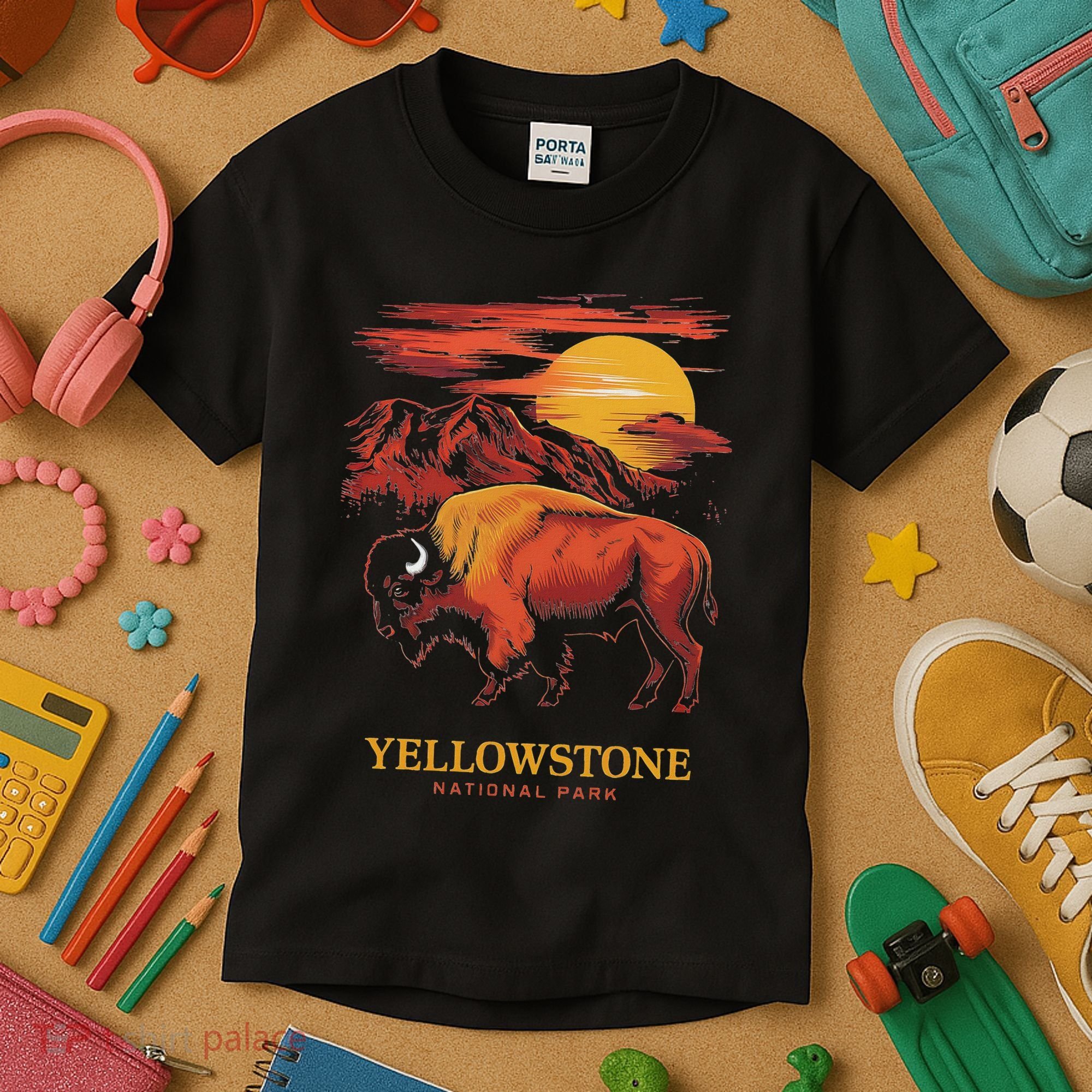 Yellowstone National Park Sun Bison Graphic Kids T-Shirt