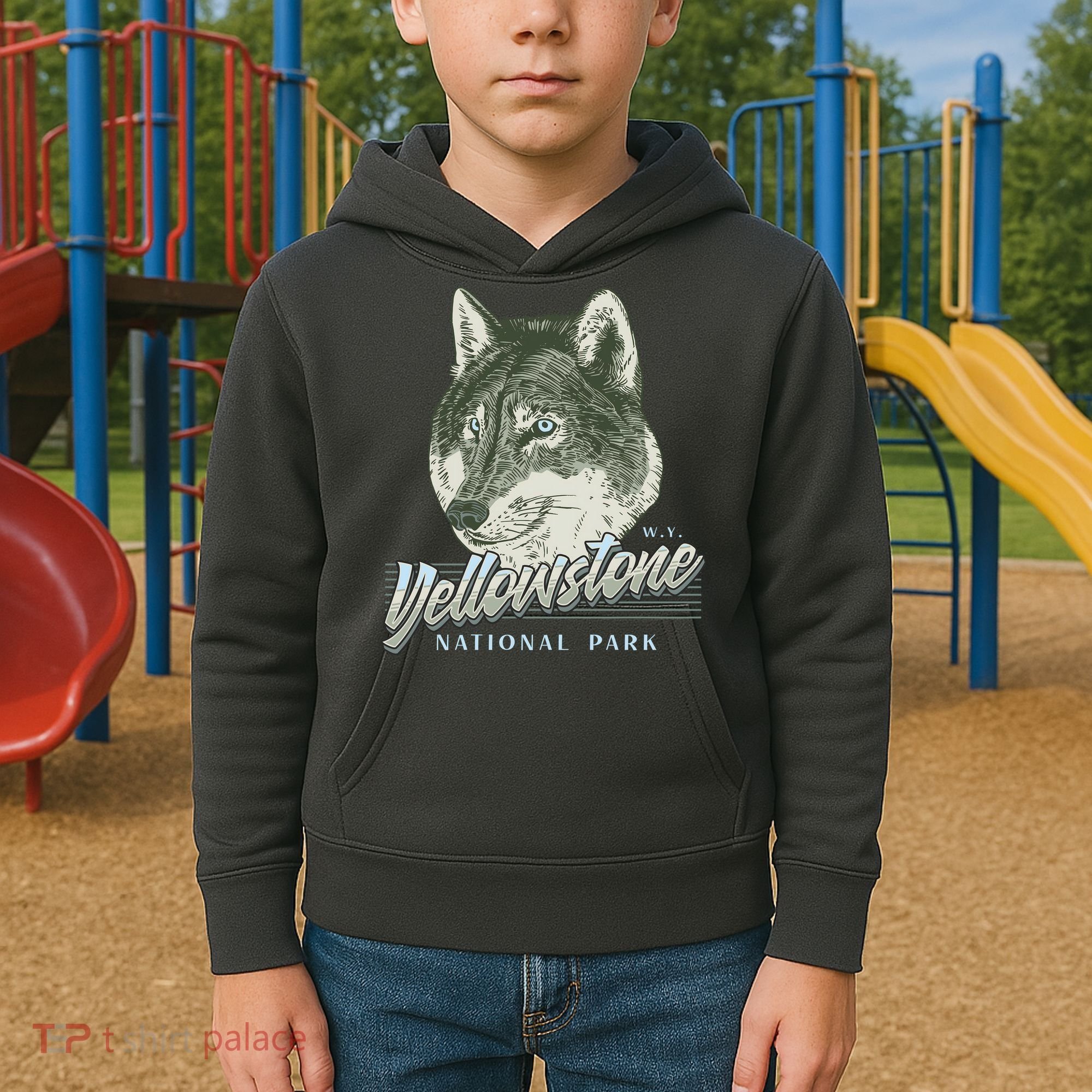 Yellowstone National Park Wolf Logo Kids Hoodie