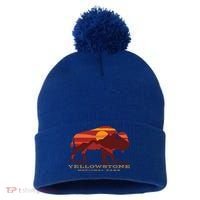 Yellowstone National Park Wyoming Buffalo Bison Sunset Pom Pom 12in Knit Beanie thumb 0