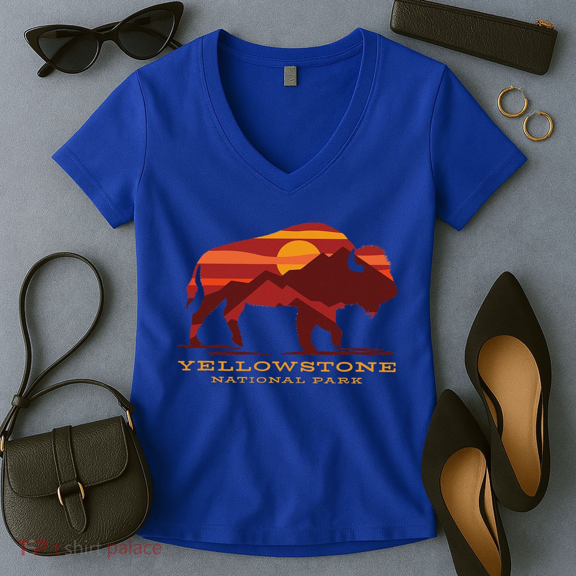 Yellowstone National Park Wyoming Buffalo Bison Sunset Women's V-Neck T-Shirt
