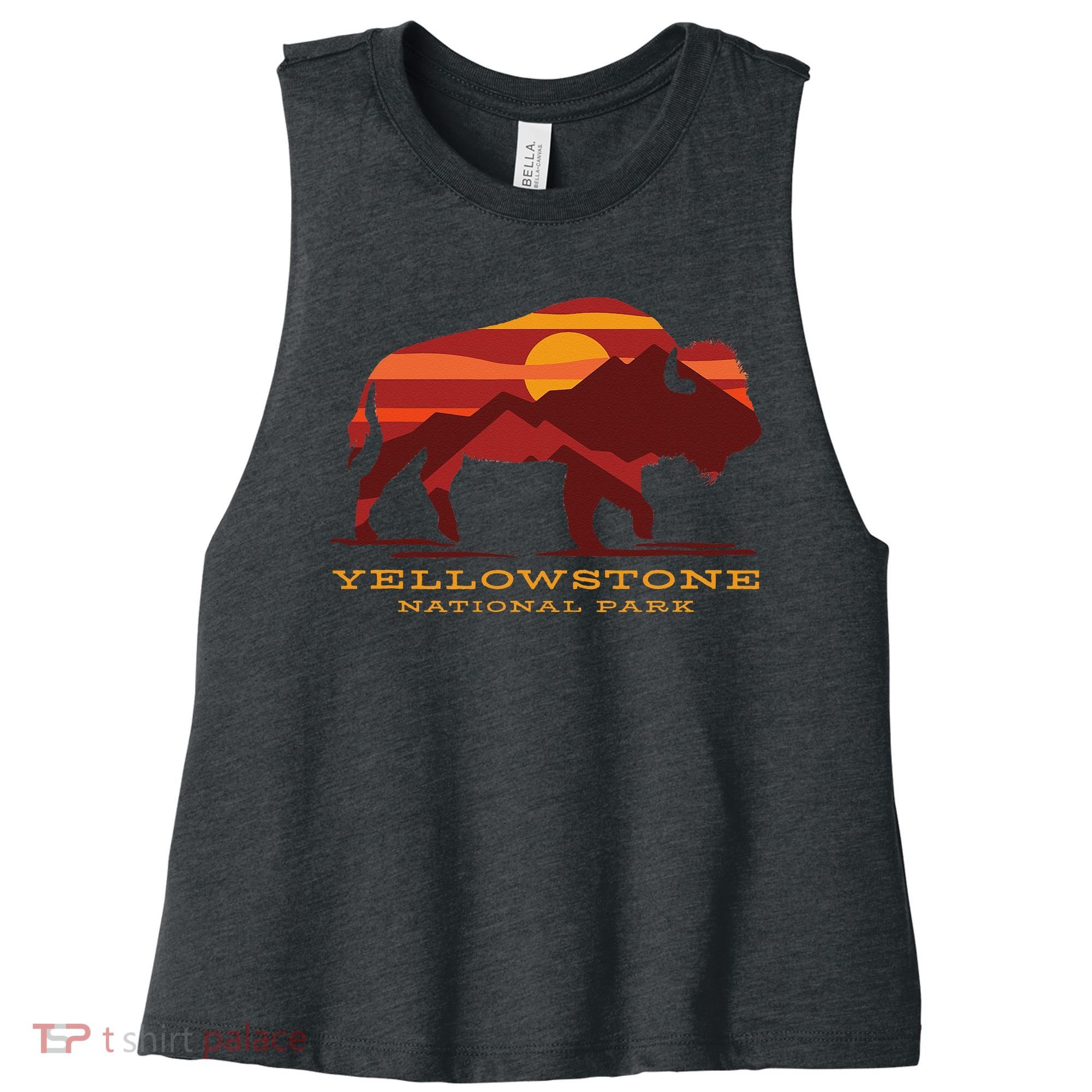 Yellowstone National Park Wyoming Buffalo Bison Sunset Women's Racerback Cropped Tank