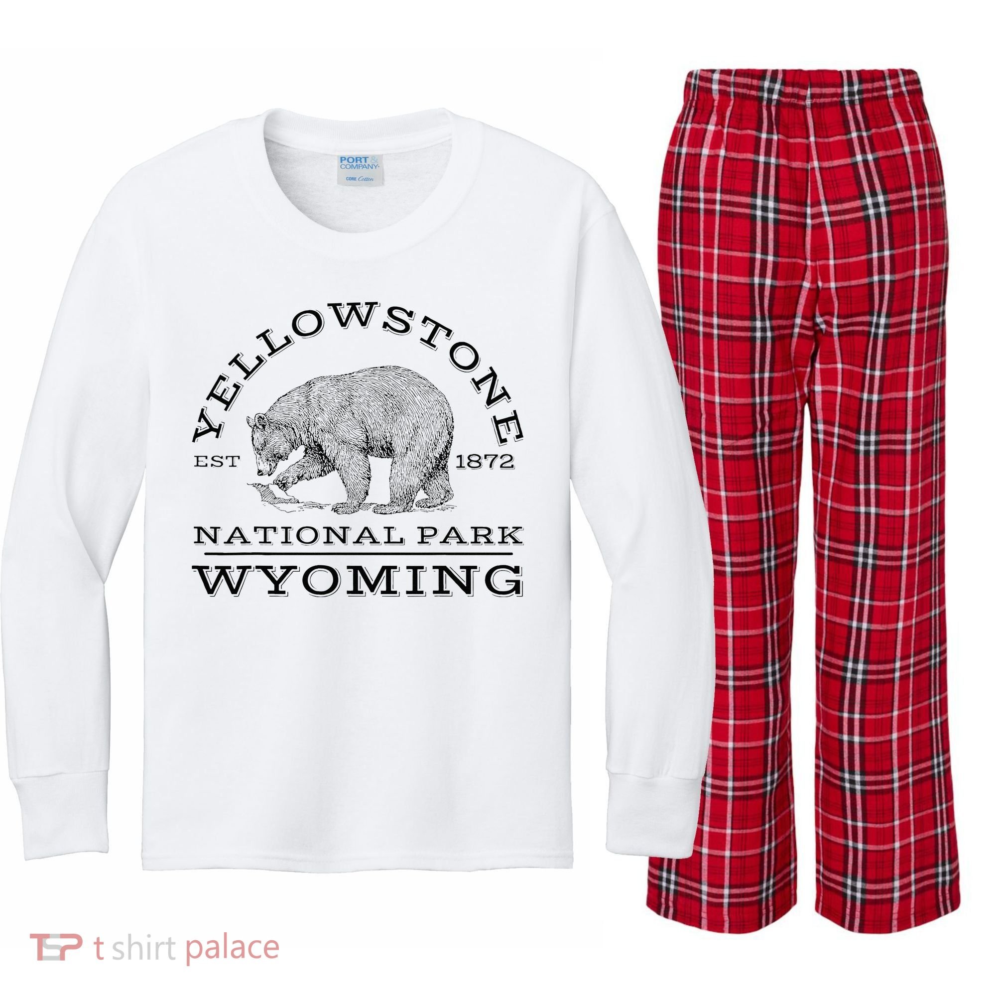 Yellowstone National Park Bear Wyoming Hike Outdoors Kids Long Sleeve Plaid Pajama Set