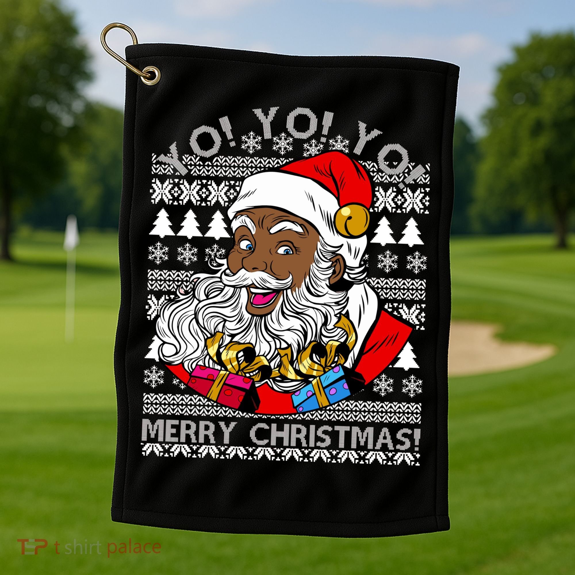 Yo Yo Yo Ho Ho Ho Black Santa Claus Ugly Christmas Golf Towel