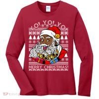 Yo Yo Yo Ho Ho Ho Black Santa Claus Ugly Christmas Women's Long Sleeve Shirt thumb 0