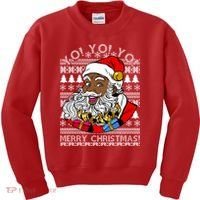 Yo Yo Yo Ho Ho Ho Black Santa Claus Ugly Christmas Kids Sweatshirt thumb 0