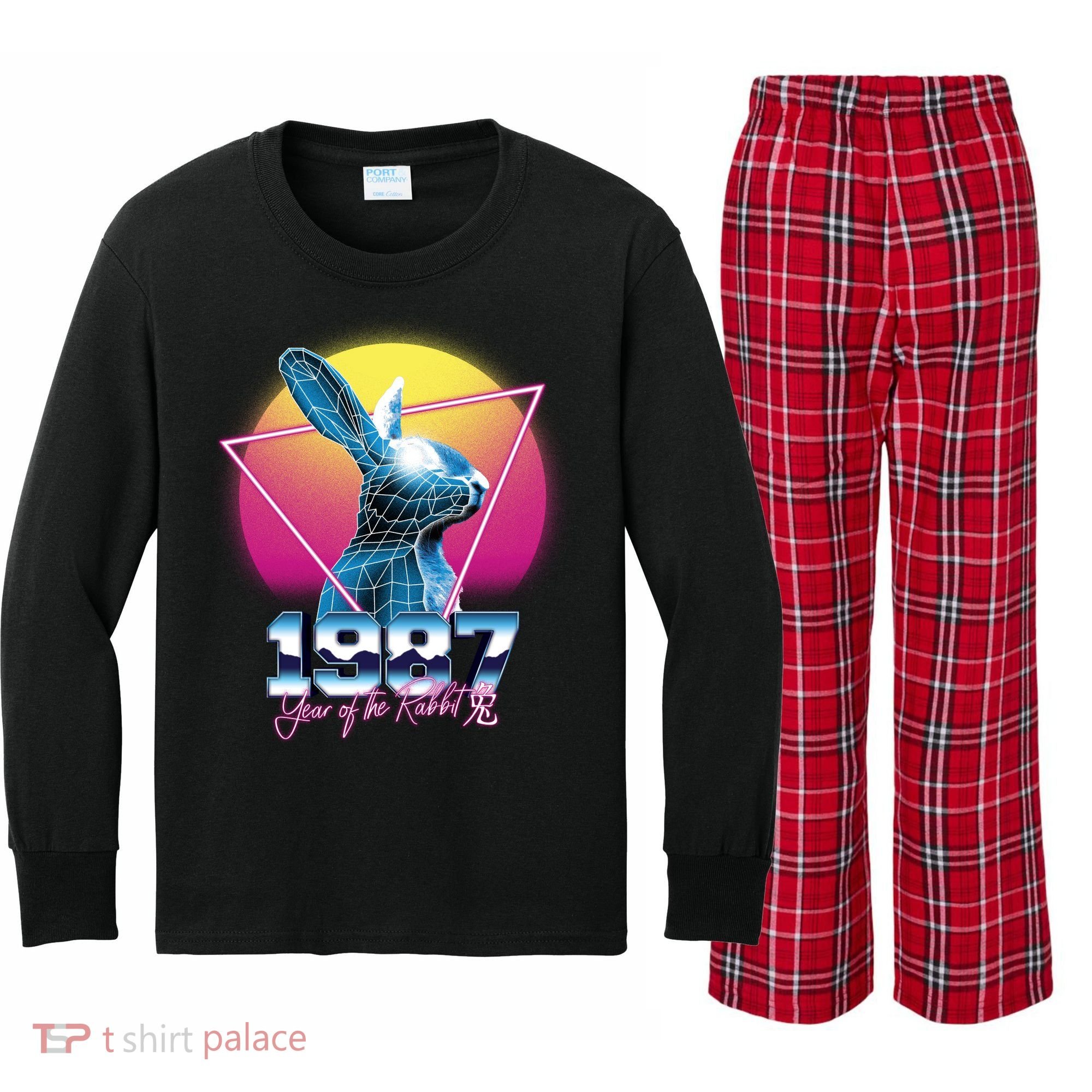 Year Of The Rabbit – Chinese Zodiac – Synthwave Style Kids Long Sleeve Plaid Pajama Set