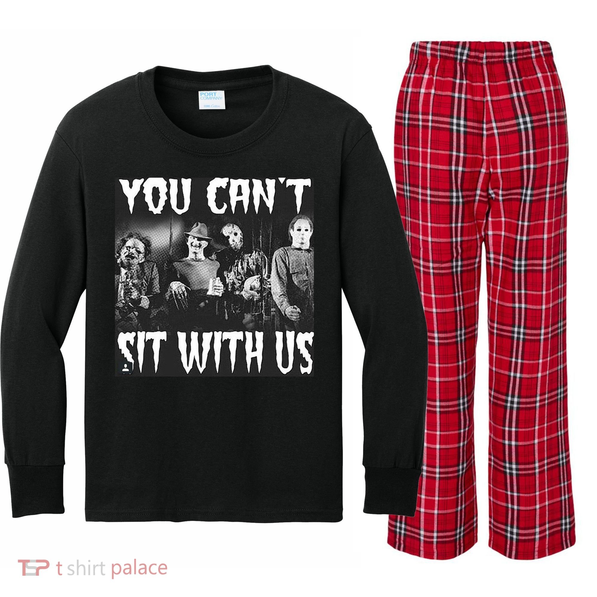 You Can't Sit With Us Classic Horror Villains Kids Long Sleeve Plaid Pajama Set